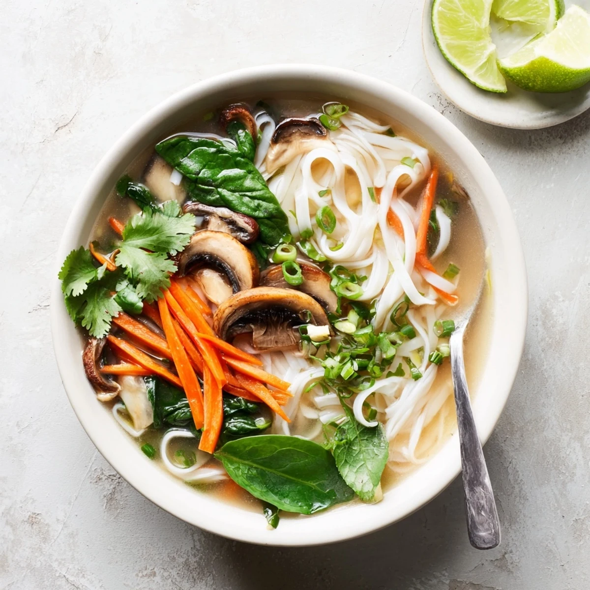 Vegan gluten-free ginger garlic noodle soup featuring shiitake mushrooms and vibrant spinach leaves