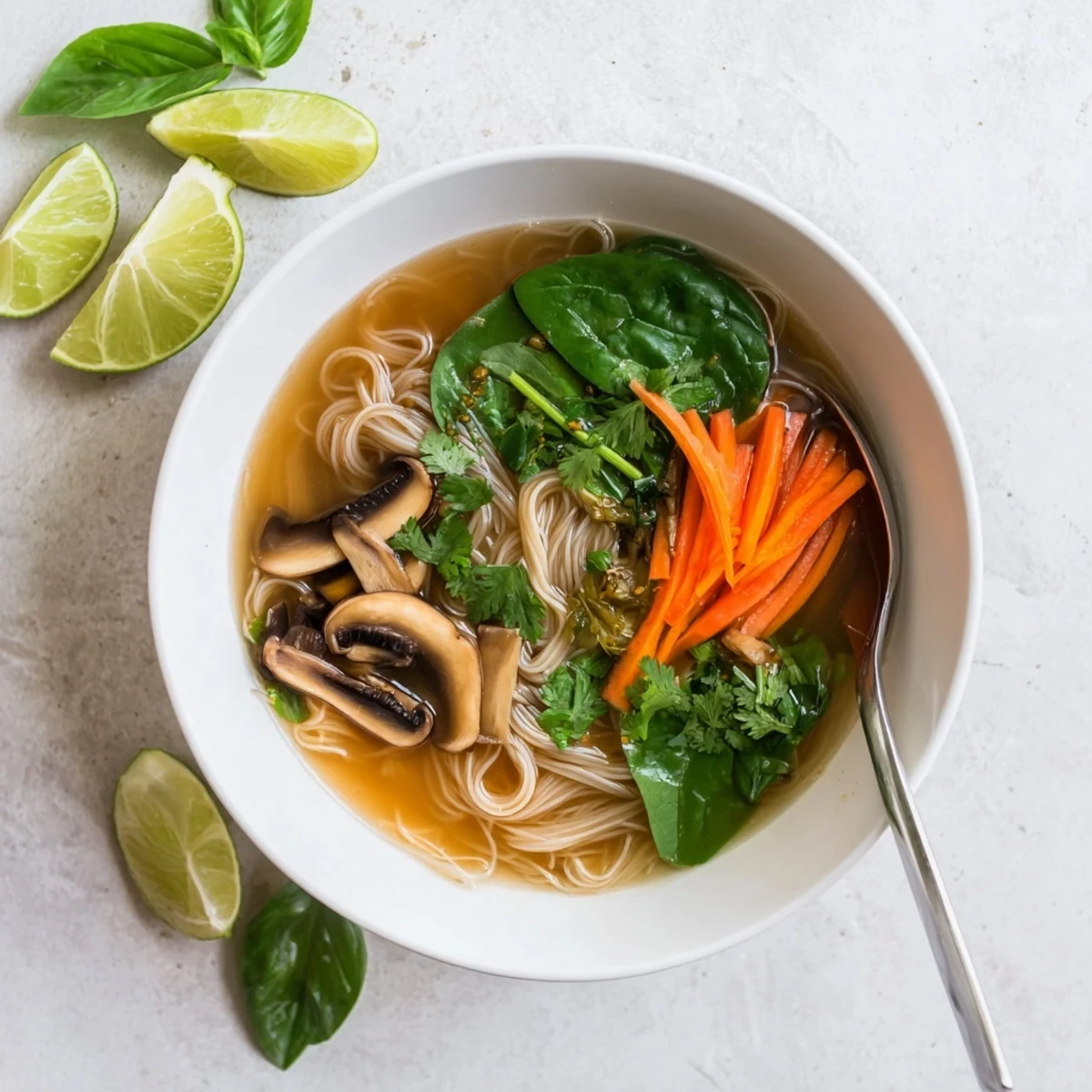 Steaming bowl of healing ginger garlic broth with rice noodles and fresh cilantro garnish