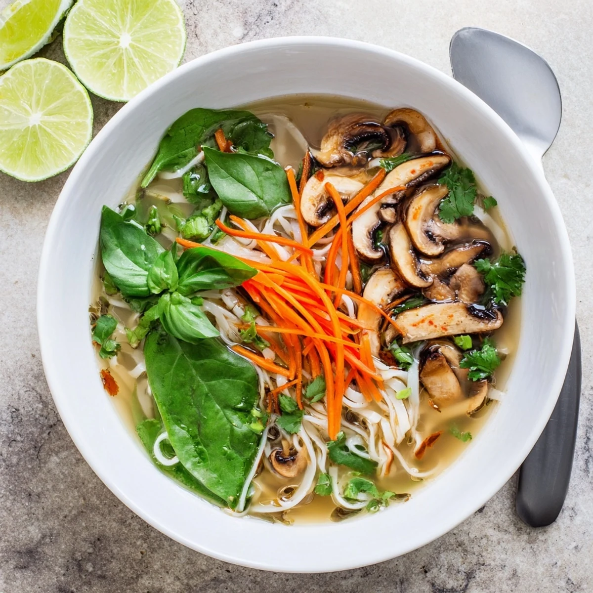 Comforting Asian-inspired broth with tender rice noodles, julienned carrots, and fragrant herbs