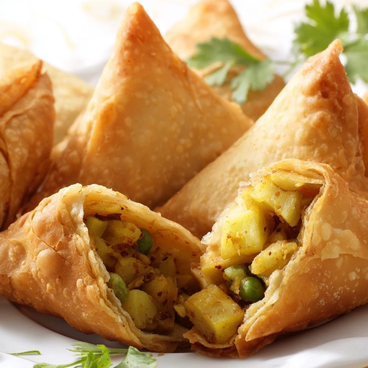 Golden vegetable samosas with crispy fried pastry and spiced potato pea filling