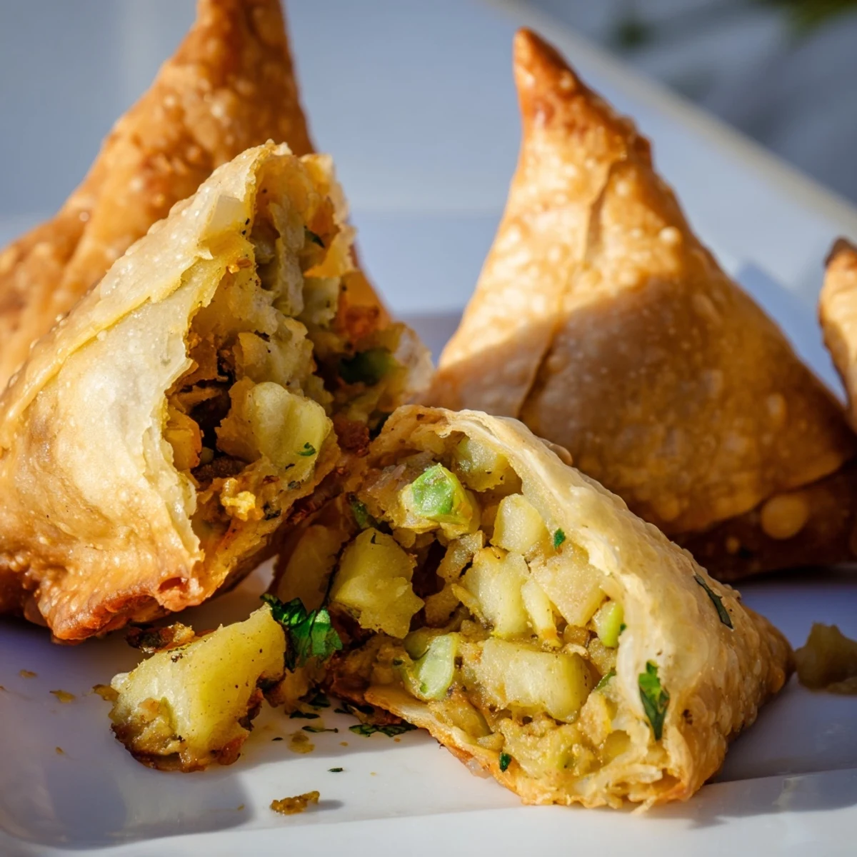 Homemade vegetable samosas featuring flaky golden crust stuffed with aromatic Indian spiced potatoes and peas