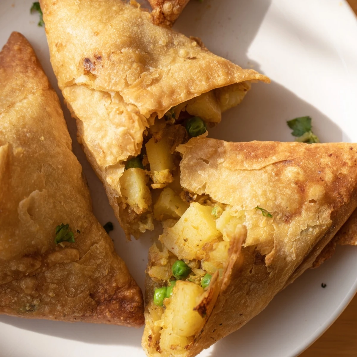 Triangle shaped vegetable samosas arranged on plate alongside green mint chutney dipping sauce