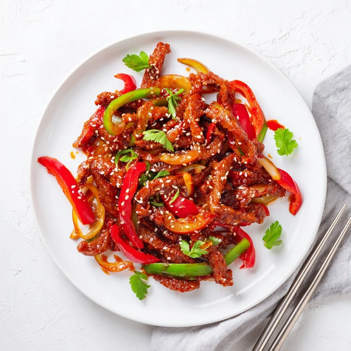 Golden crispy chilli beef tossed in spicy tangy glazed sauce with colorful bell pepper strips