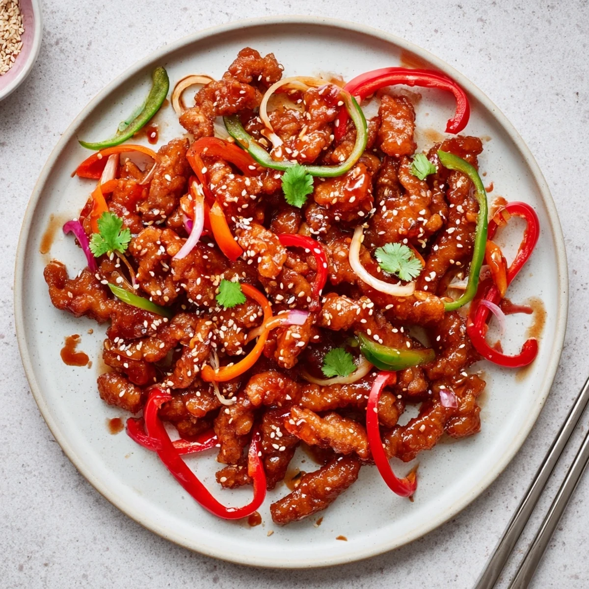 Homemade crispy chilli beef stir-fry with vibrant vegetables and glossy red sauce coating each tender strip