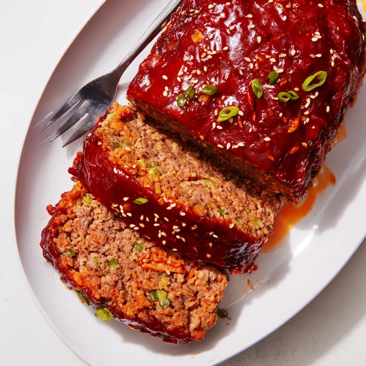 Sliced meatloaf brushed with spicy gochujang glaze on a white serving platter