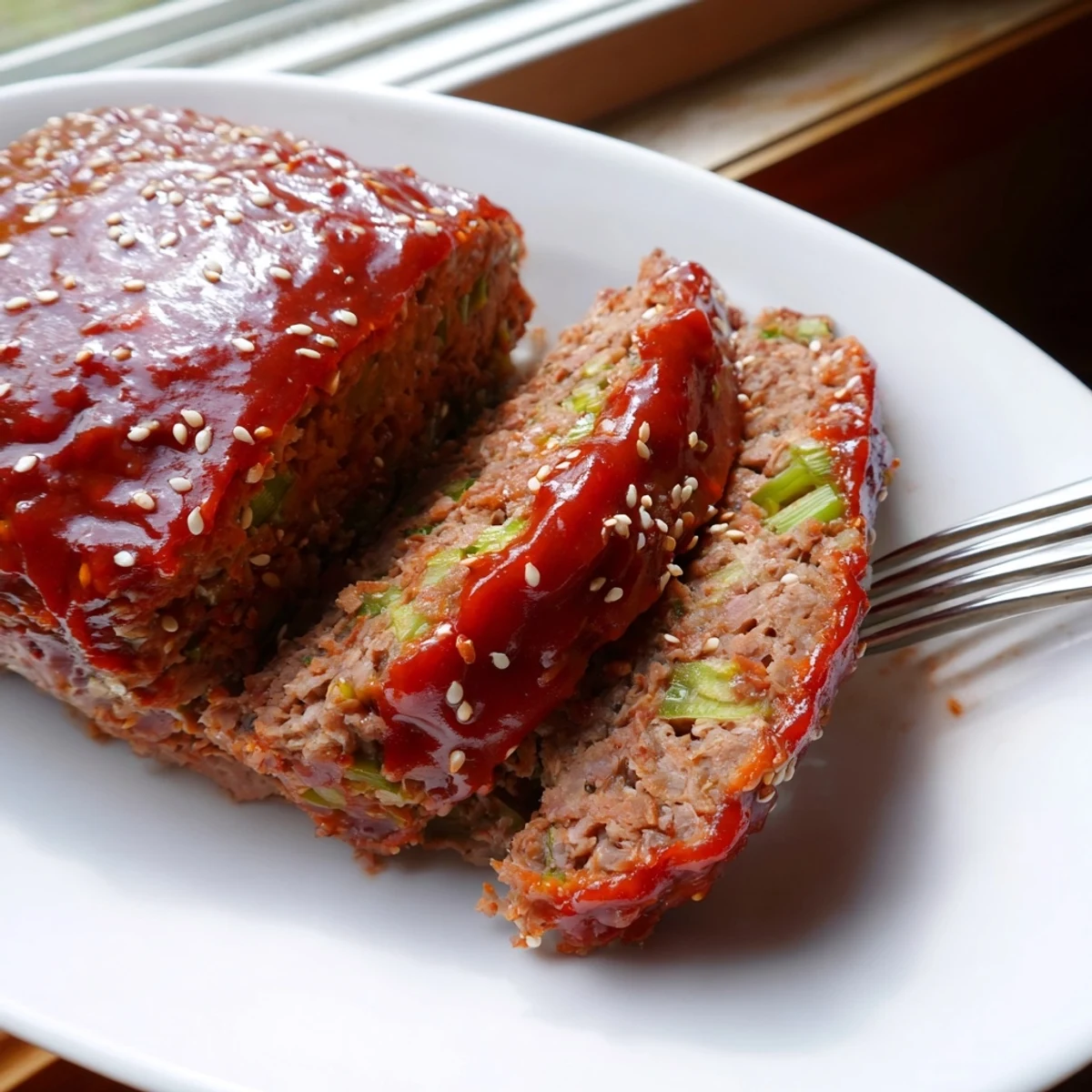 Freshly baked Korean meatloaf with glossy red chili paste glaze and sesame seeds