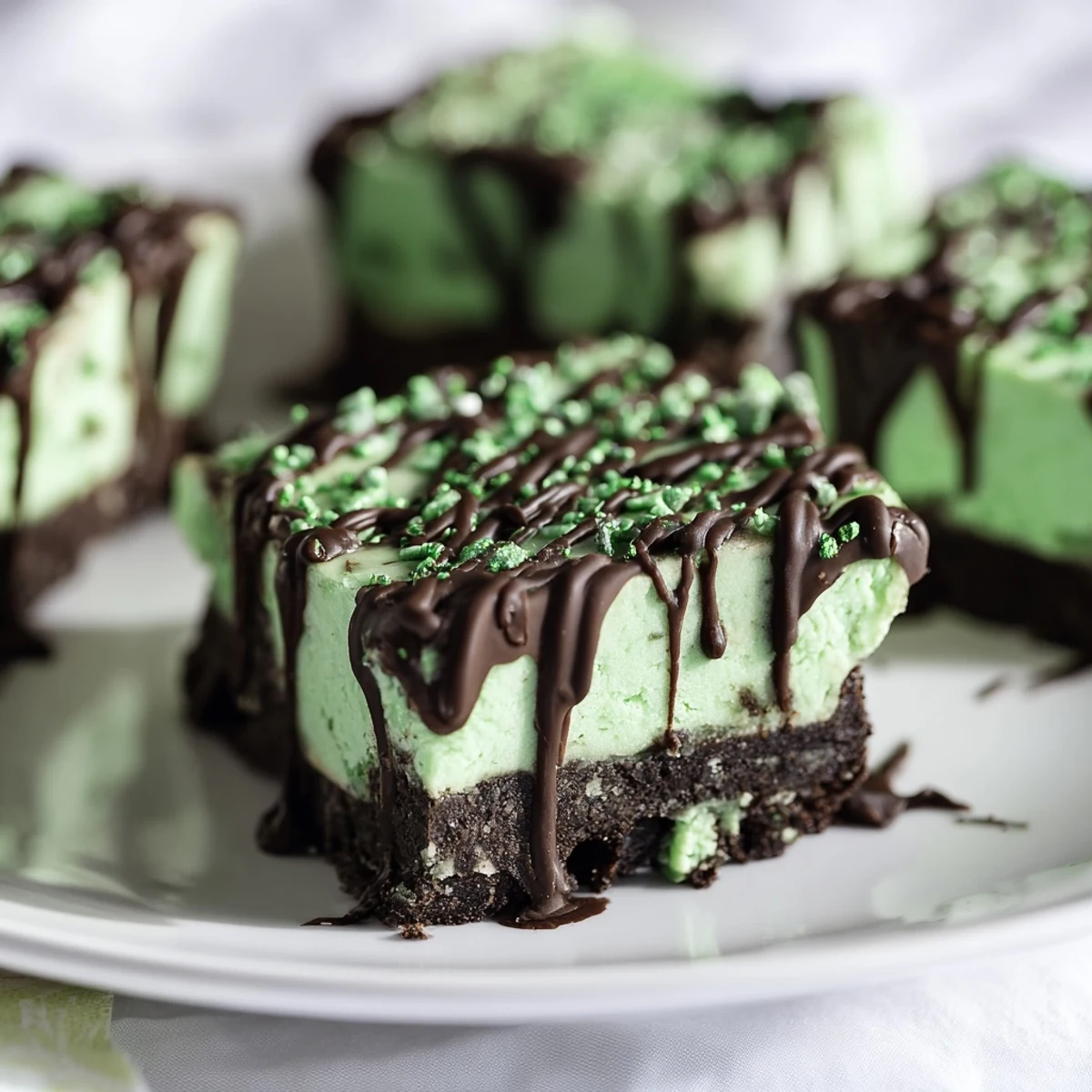 Rich St. Patricks Irish Mint Cheesecake Fudge Squares layered on dark chocolate cookie crust