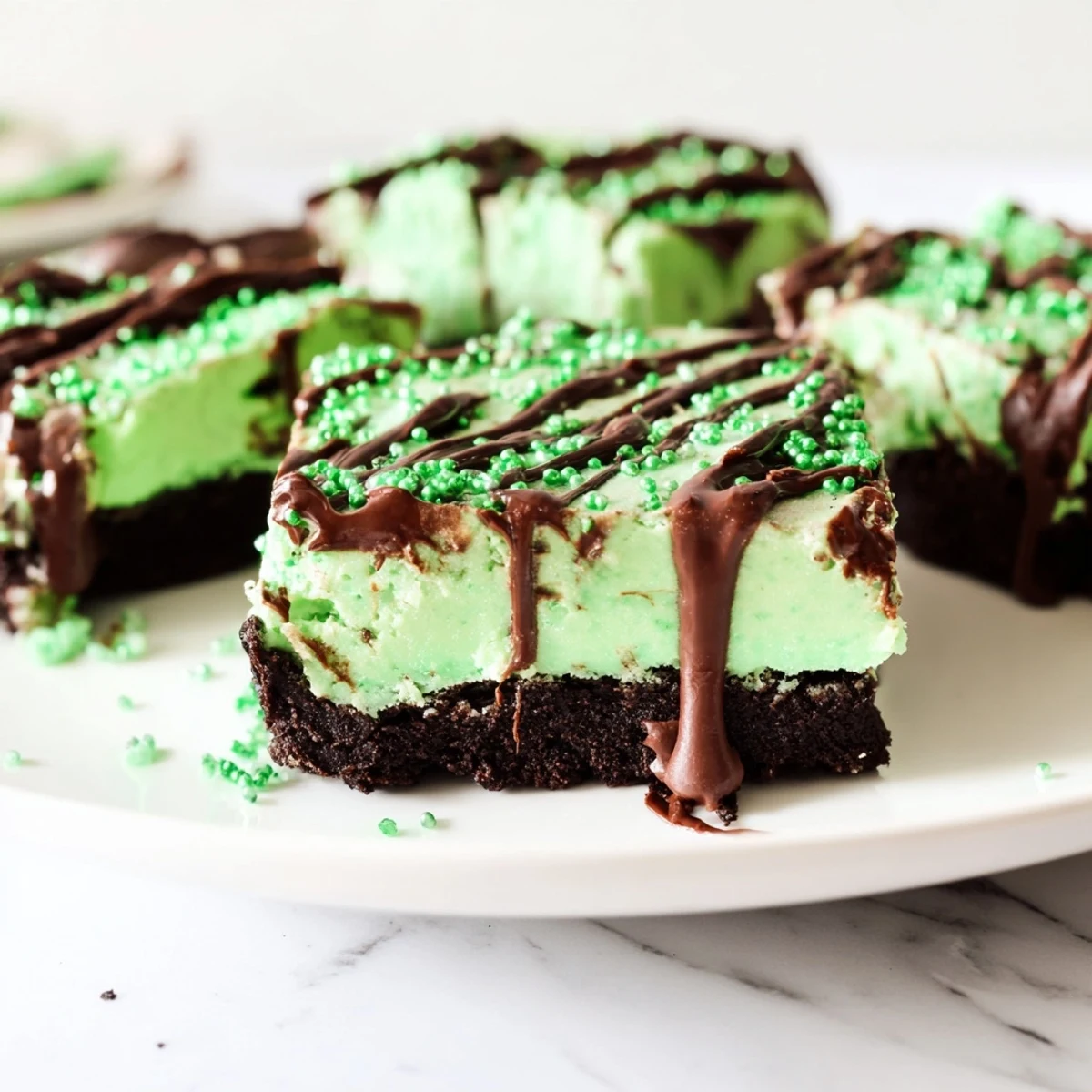 Green-tinted Irish Mint Cheesecake Fudge Squares drizzled with dark chocolate and sprinkles