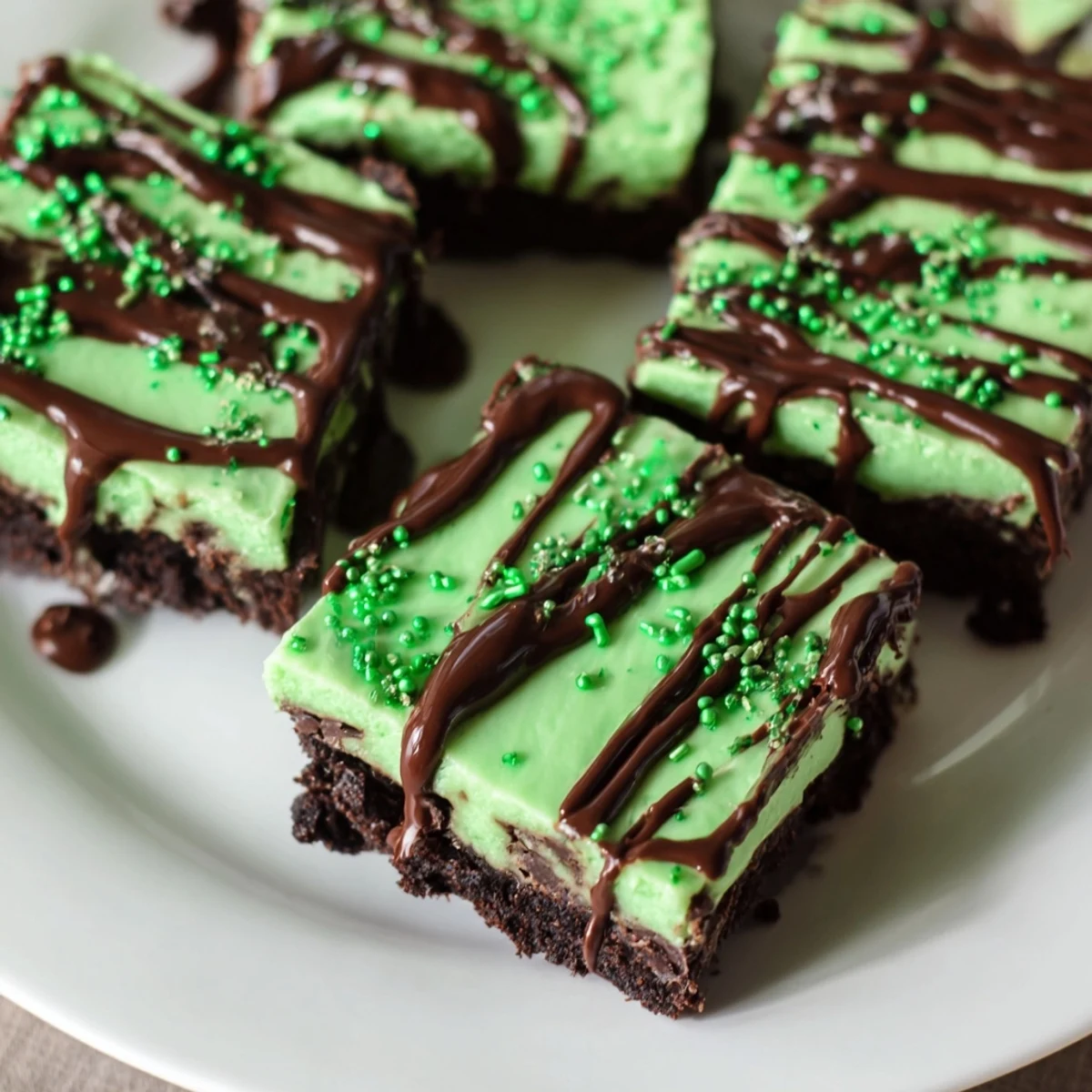 Creamy Irish Mint Cheesecake Fudge Squares topped with melted dark chocolate swirls