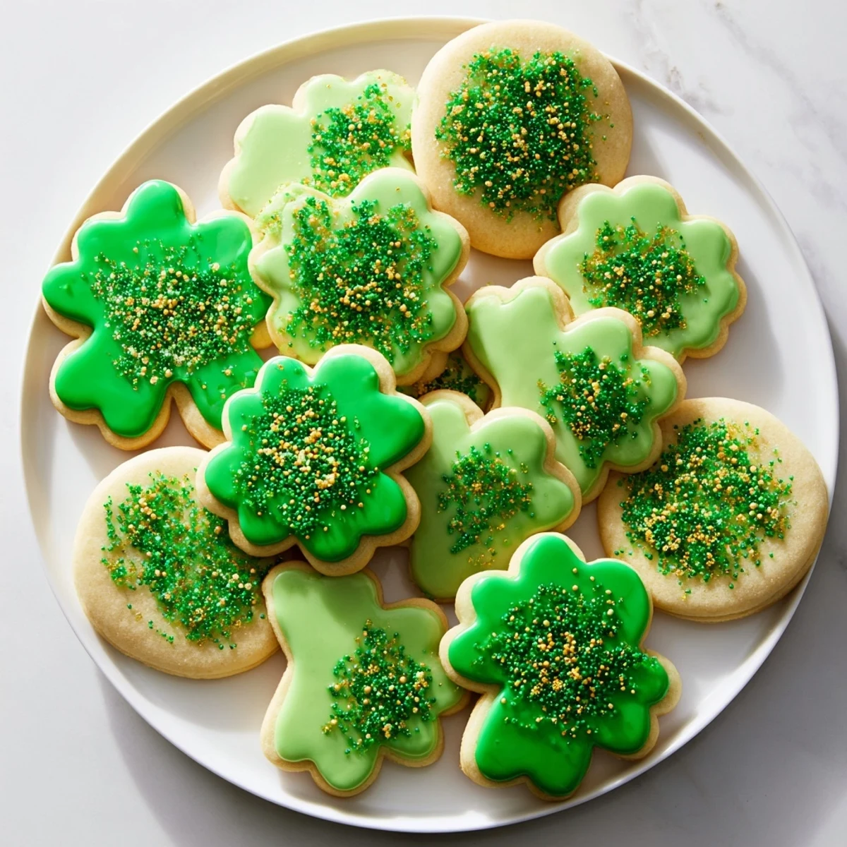 Soft green-frosted St. Patricks Day sugar cookies topped with sparkling gold and shamrock sprinkles on a white decorative plate
