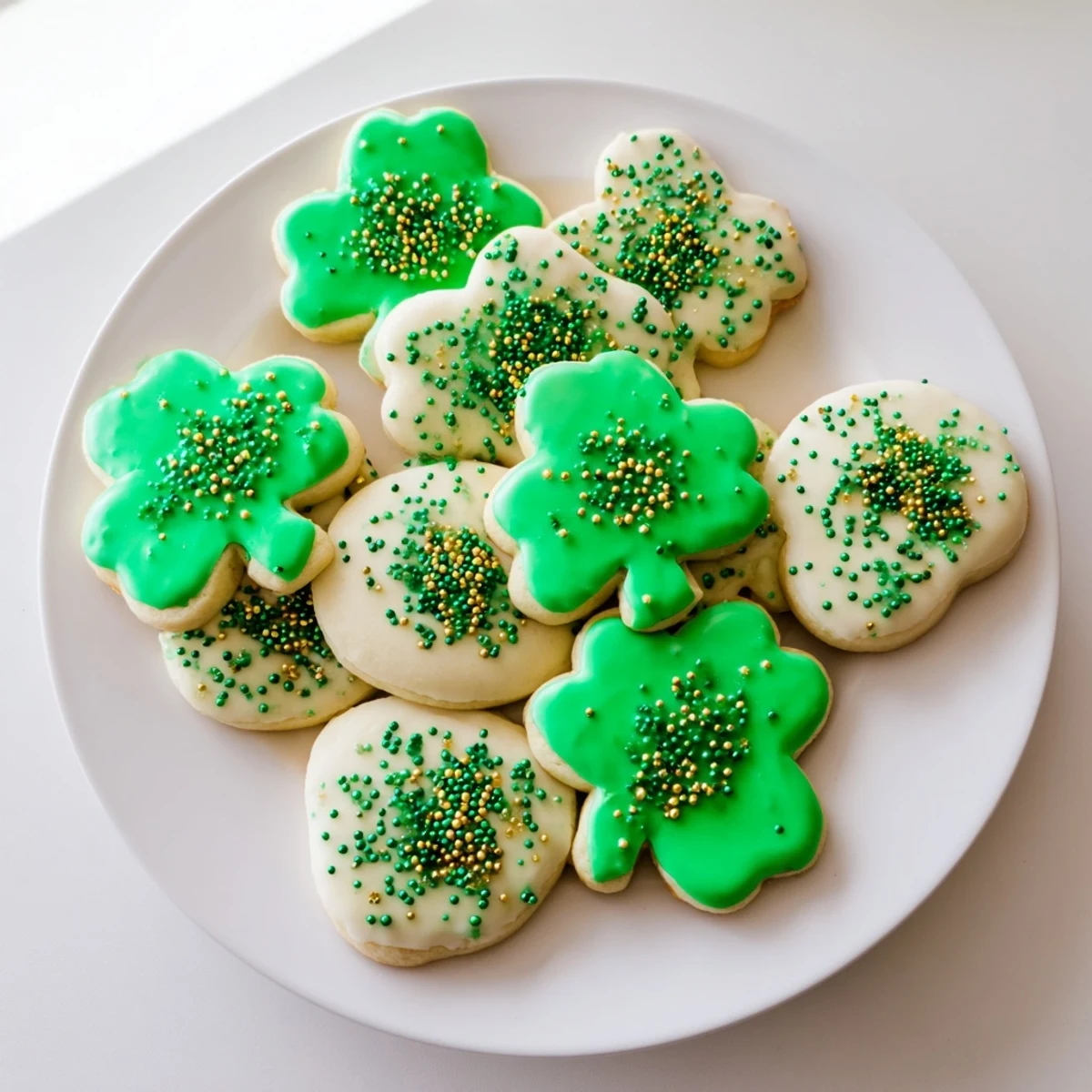 Tender shamrock-shaped St. Patricks Day sugar cookies decorated with vibrant green icing and colorful sprinkles for your holiday celebration