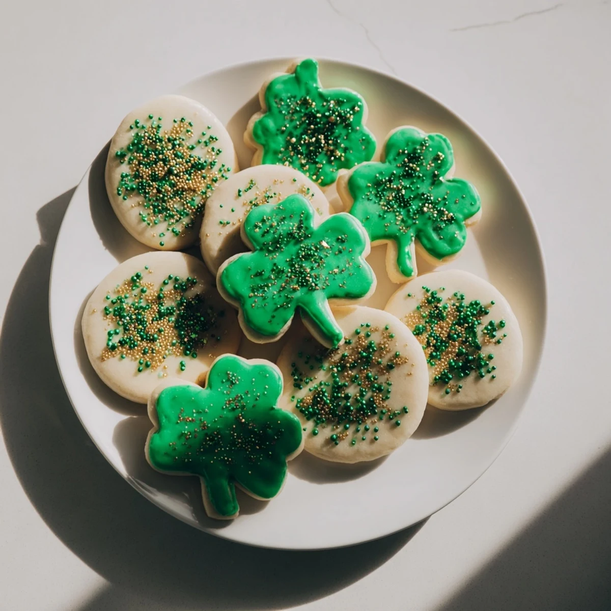 Homemade St. Patricks Day sugar cookies with smooth green royal icing and festive sprinkles arranged on a wooden cutting board