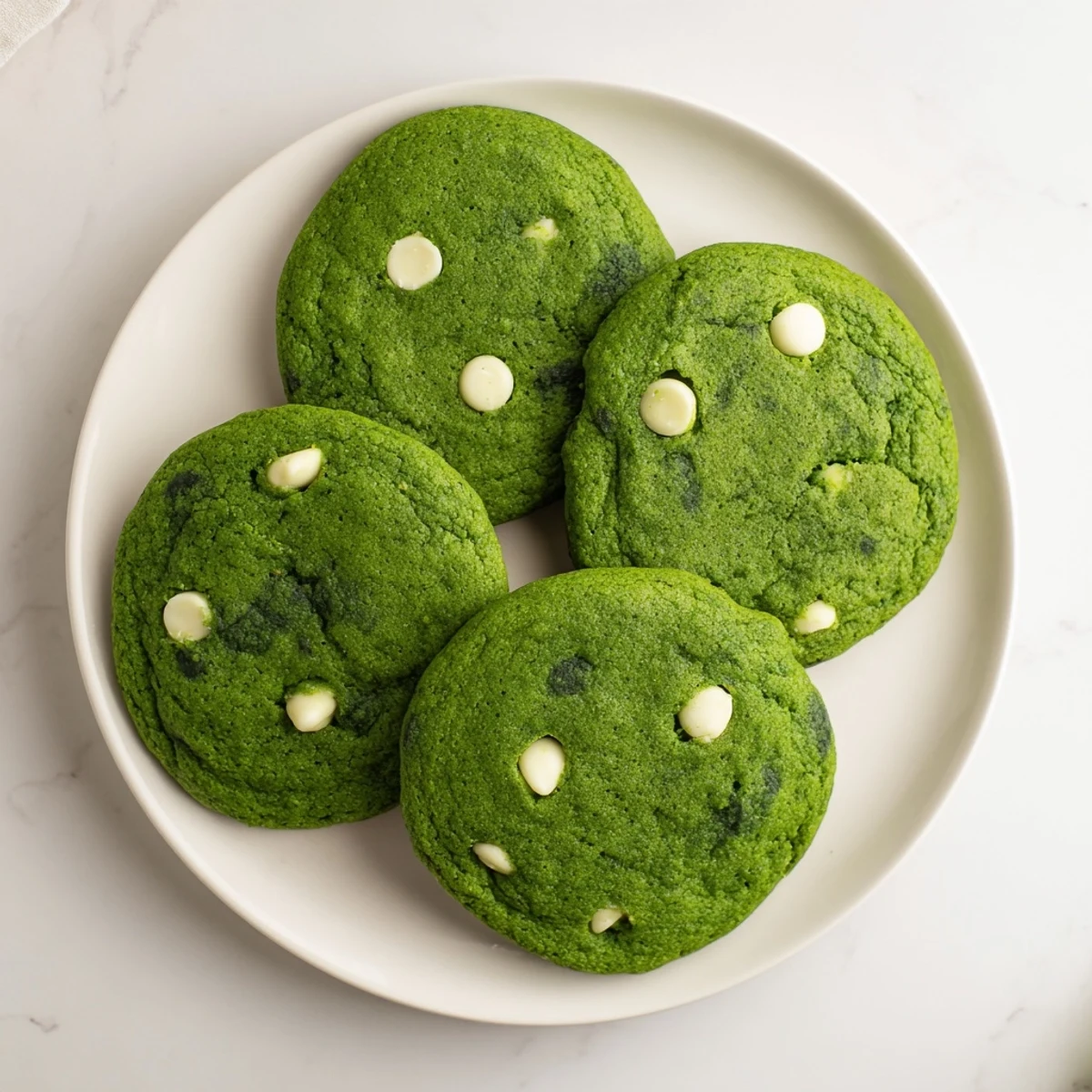 Soft green velvet cookies studded with white chocolate chips on a wire cooling rack