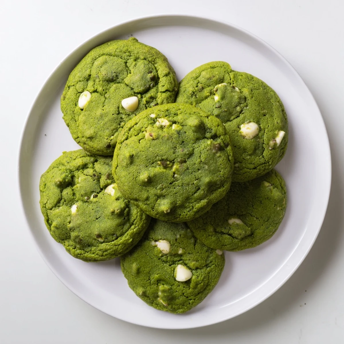 Chewy green velvet cookies with cracked tops and melted white chocolate centers