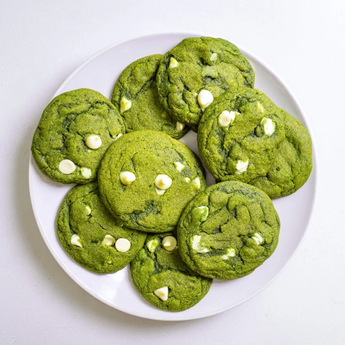 Vibrant green velvet dessert cookies stacked on a white plate ready for serving