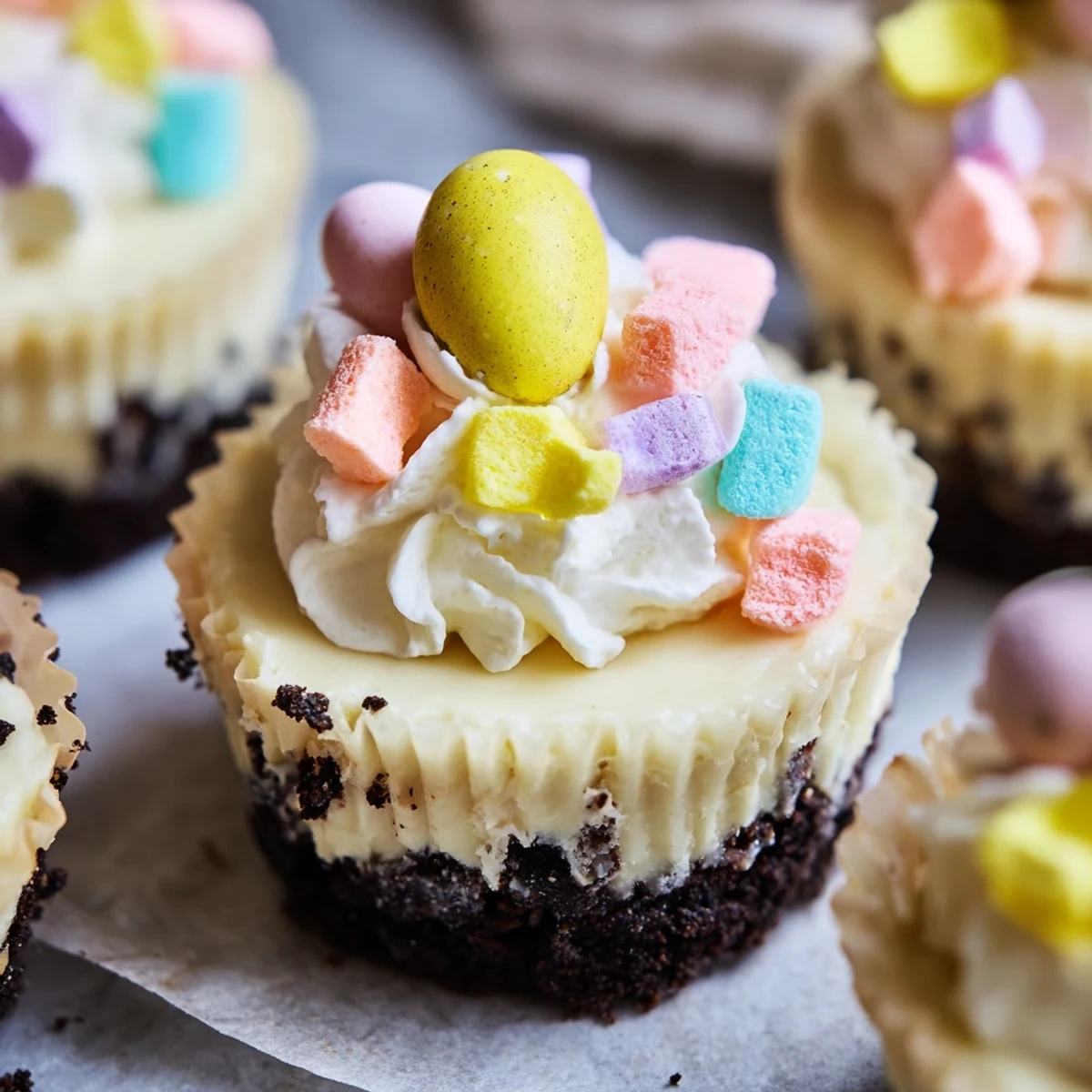 Creamy Easter Cadbury Mini Cheesecakes with whipped cream and colorful chocolate egg garnish