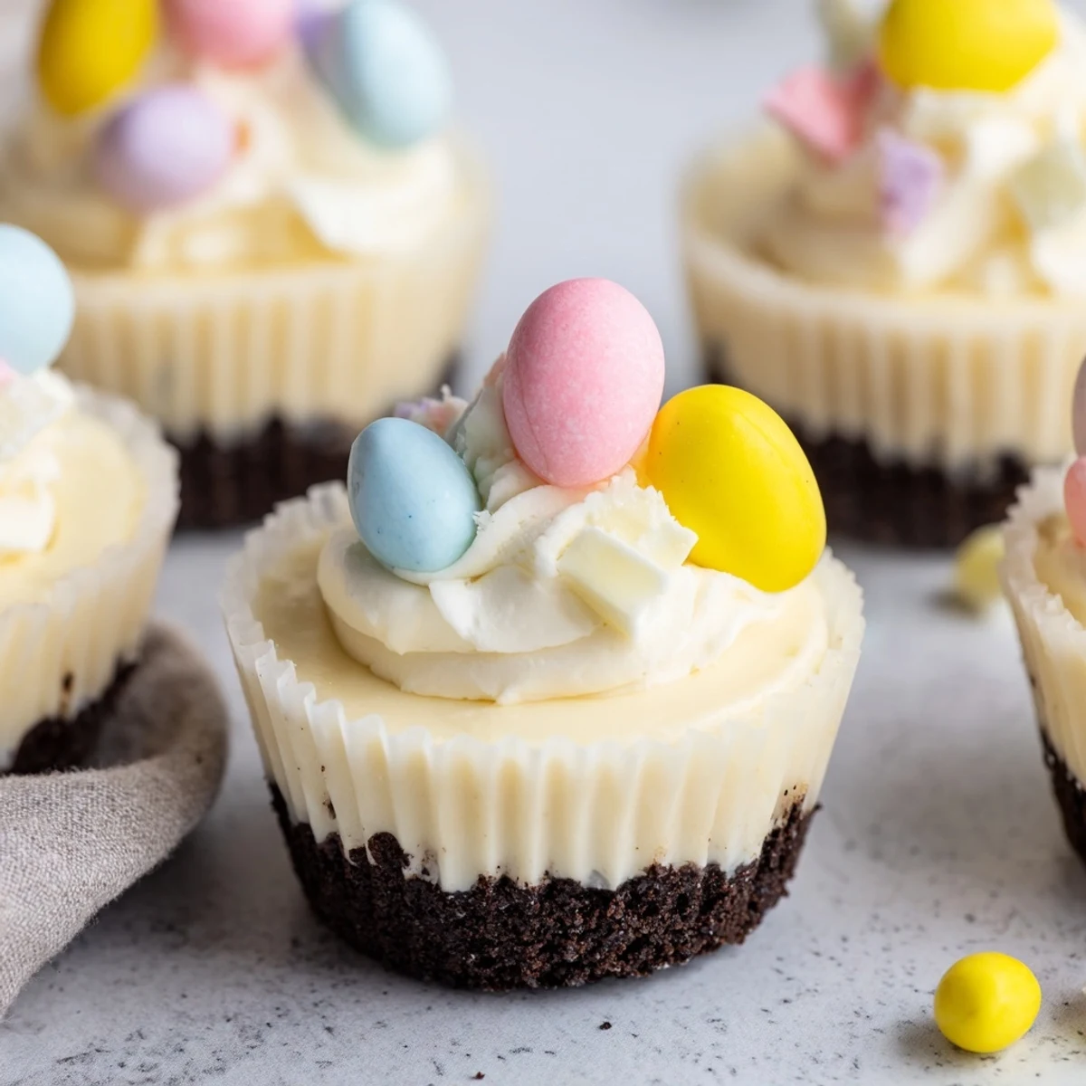 Chocolate crusted Easter Cadbury Mini Cheesecakes topped with pastel Mini Eggs for spring