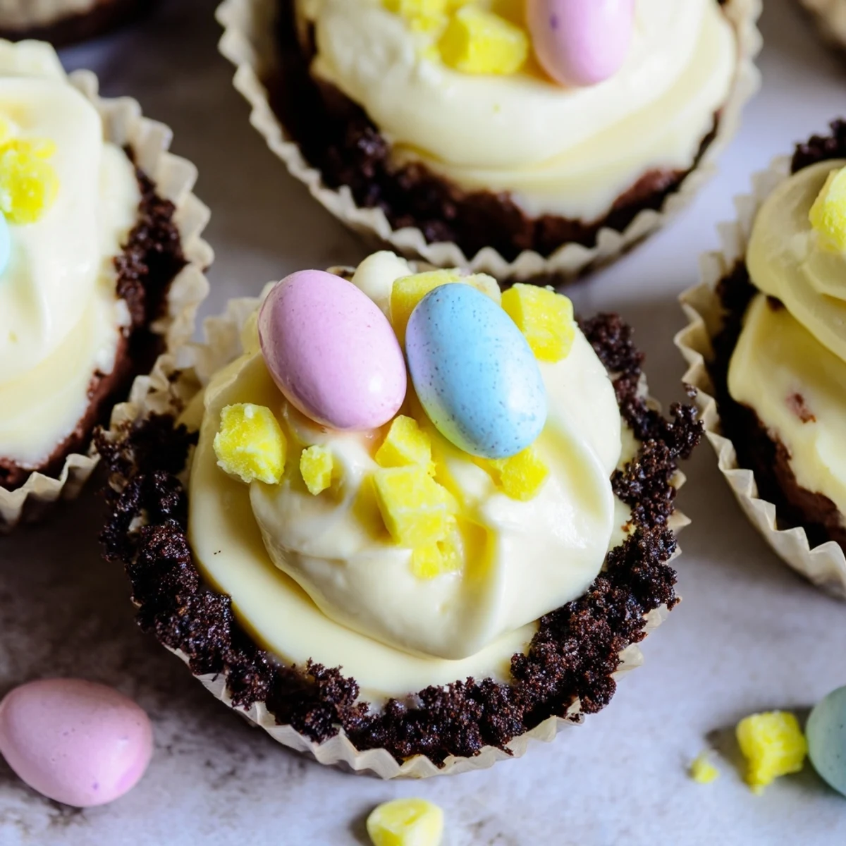 Festive Easter Cadbury Mini Cheesecakes featuring smooth vanilla filling and crunchy candy toppings