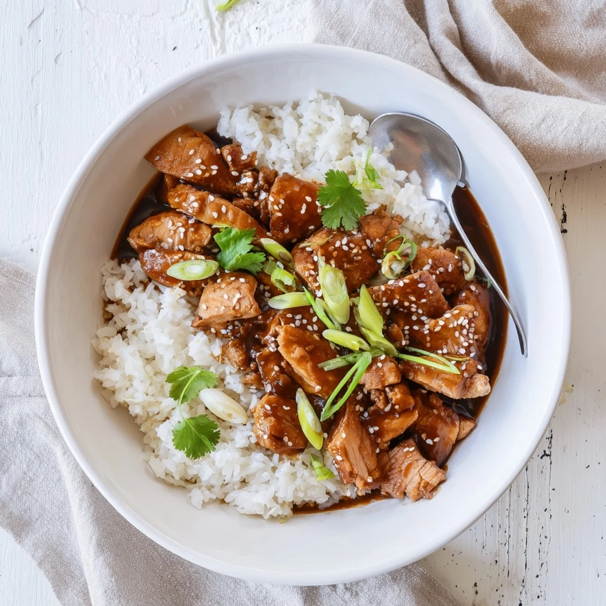 Tender glazed chicken pieces in savory soy caramel sauce served with steamed jasmine rice and fragrant broth