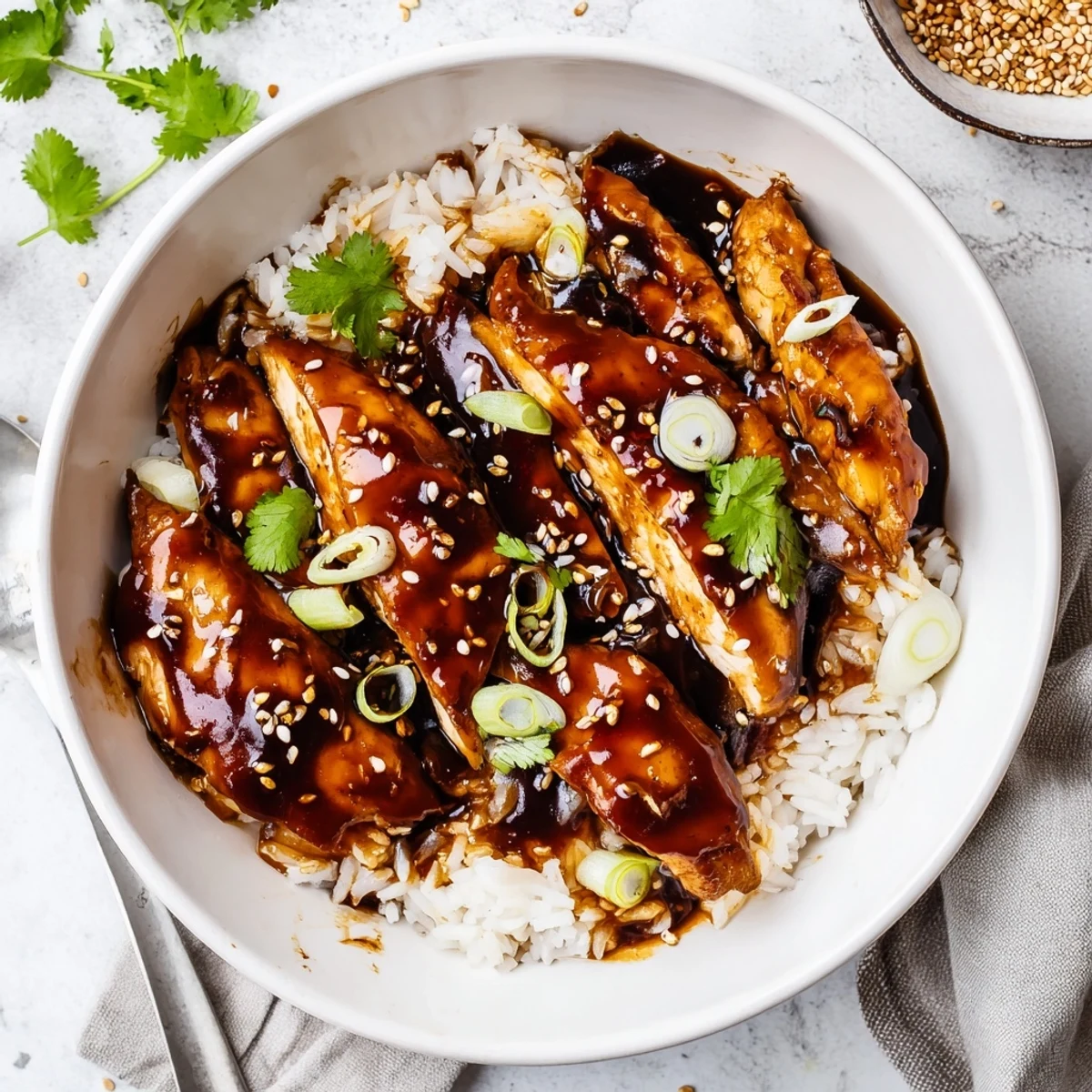 Asian fusion chicken caramelized in sweet soy sauce nestled in garlic ginger broth beside a bed of rice