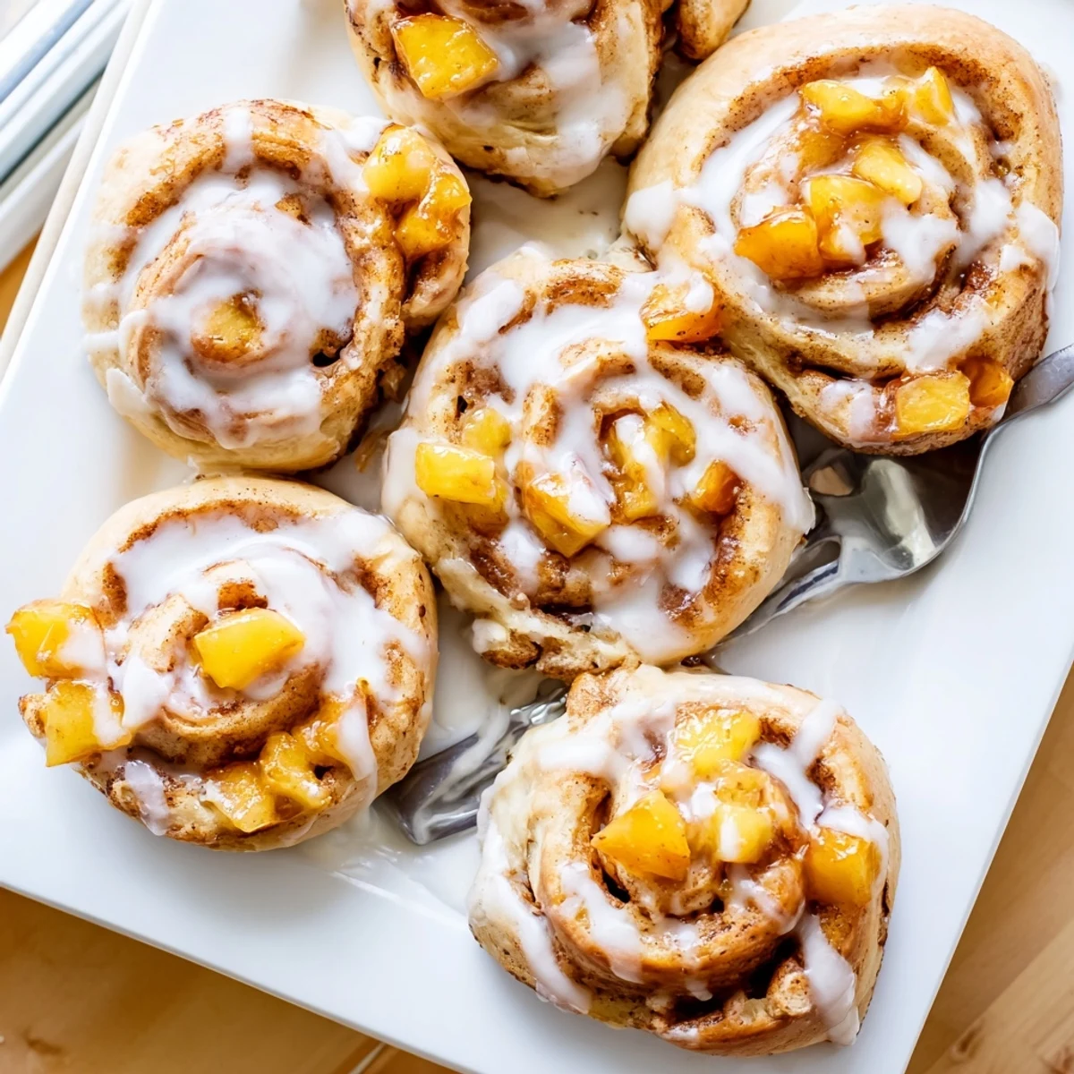 Golden peach pie cinnamon rolls drizzled with white vanilla glaze on a serving plate