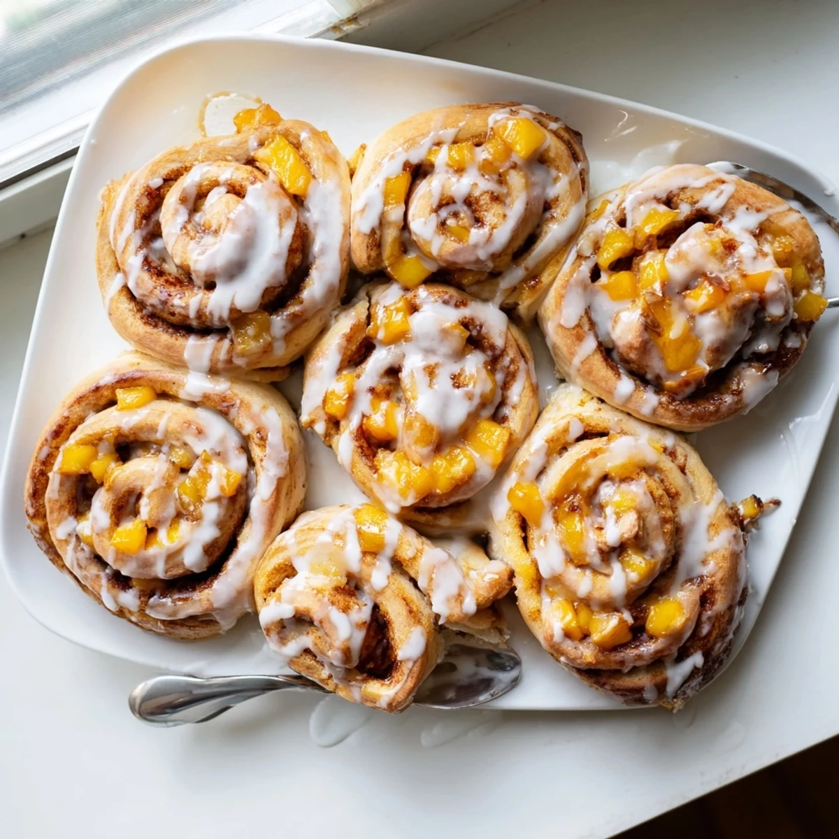 Fluffy homemade peach pie cinnamon rolls spiral with sweet cinnamon peach filling visible