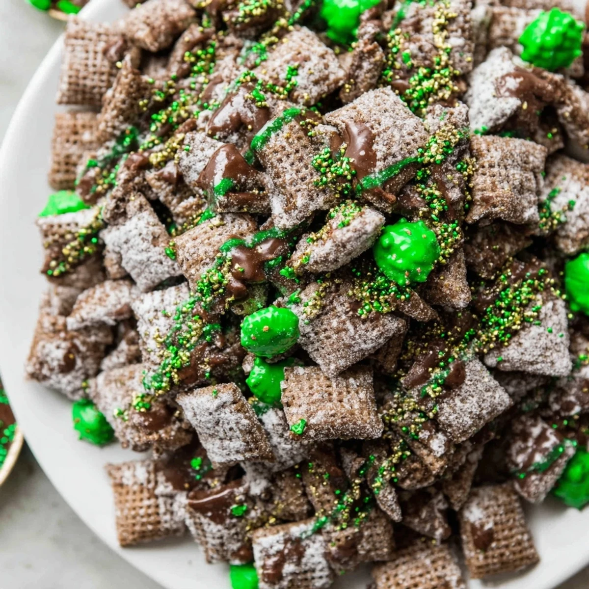 Festive St. Patricks Day puppy chow coated in chocolate peanut butter with green and gold sprinkles on a white serving platter