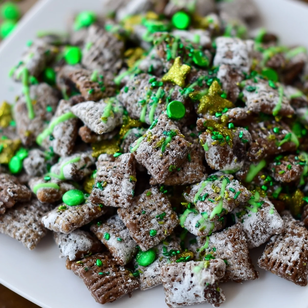 Sweet chocolate-covered St. Patricks Day puppy chow snack topped with green candy melts and festive sprinkles in a glass bowl