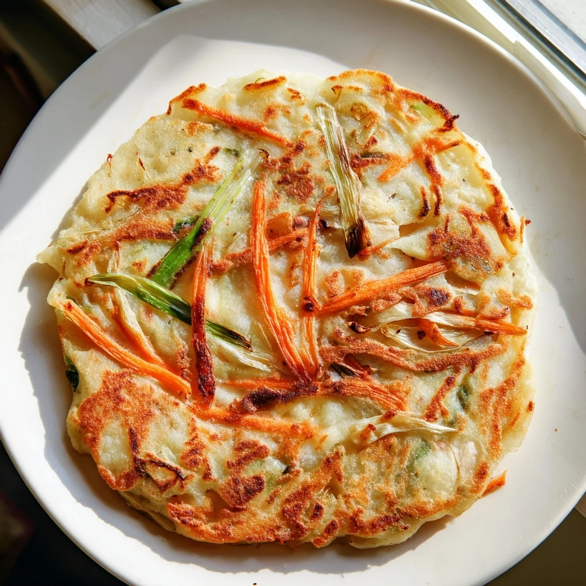 Golden brown Korean pancakes sizzling in a skillet with vibrant scallions and julienned vegetables