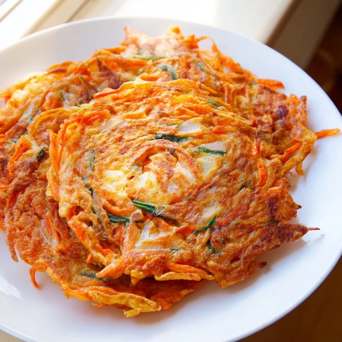 Close up of freshly made Korean pancakes with visible scallion pieces and golden crispy edges