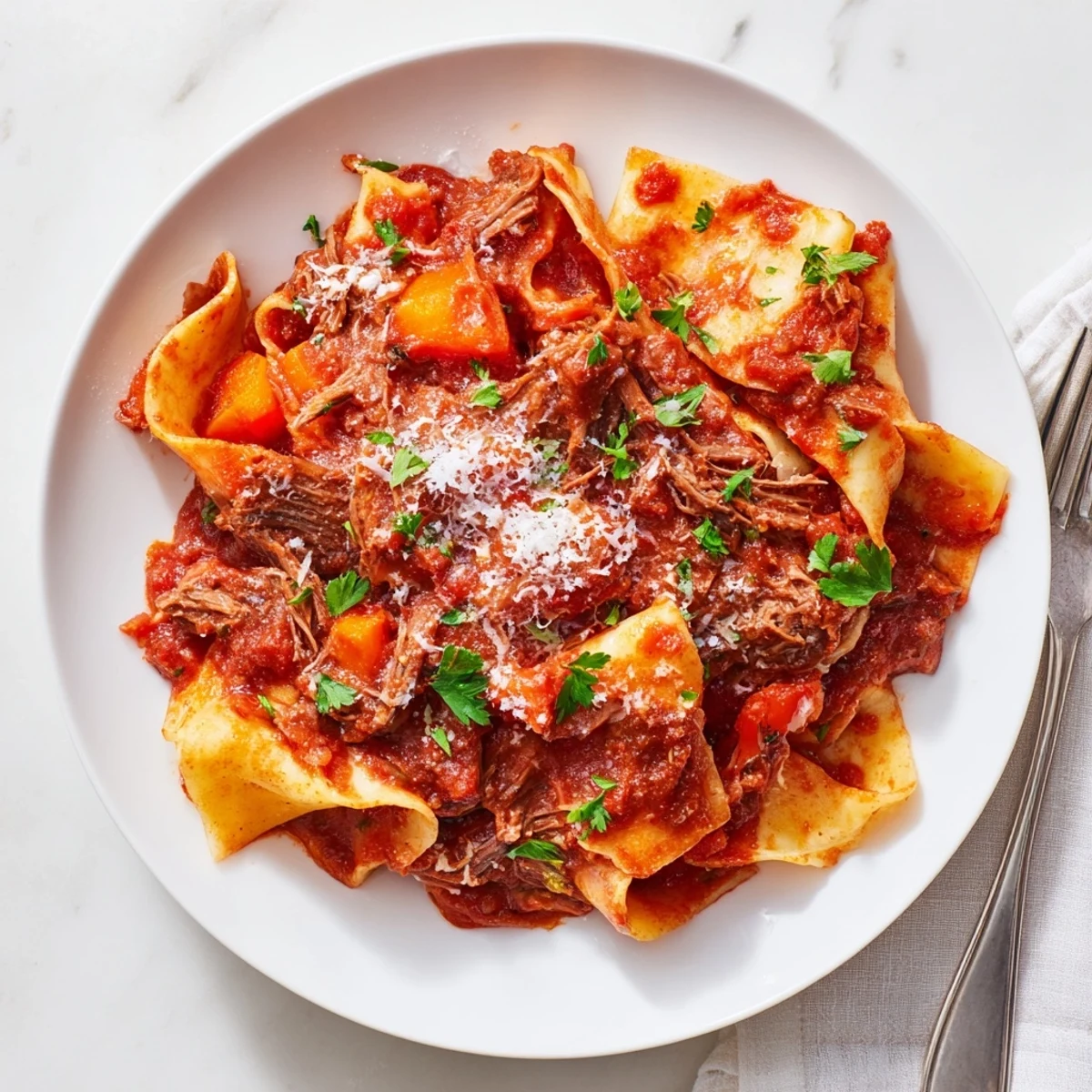 Italian-style slow cooker beef ragu topped with fresh parsley and parmesan over creamy polenta