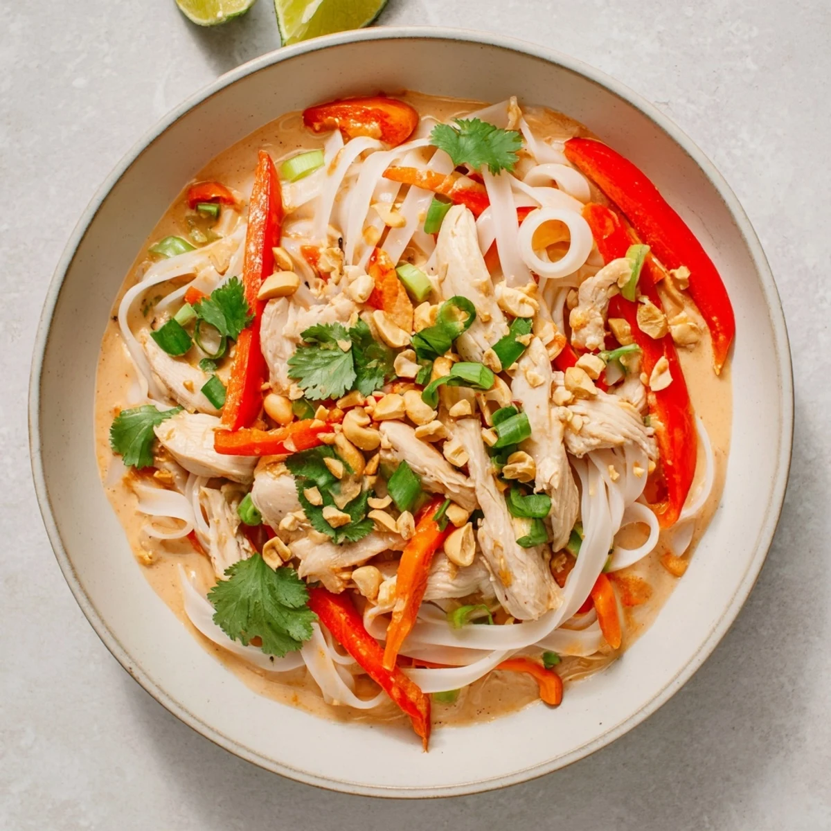 Golden Thai peanut chicken noodle bowls with colorful vegetables and creamy sauce