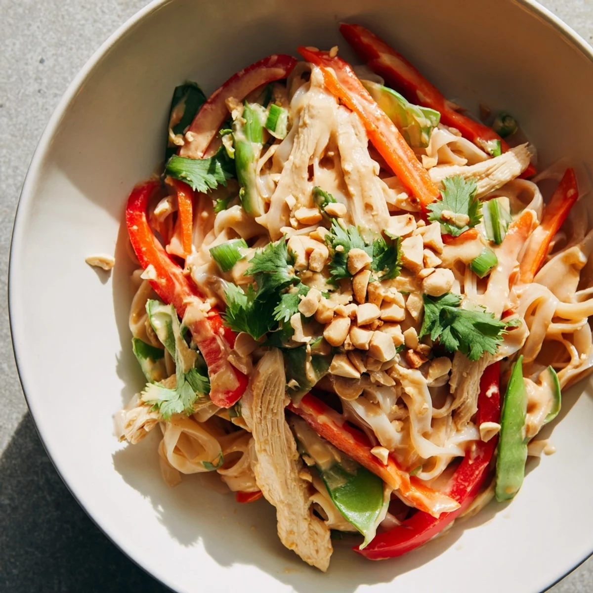 Vibrant Thai peanut chicken noodle bowls topped with crushed peanuts and fresh cilantro