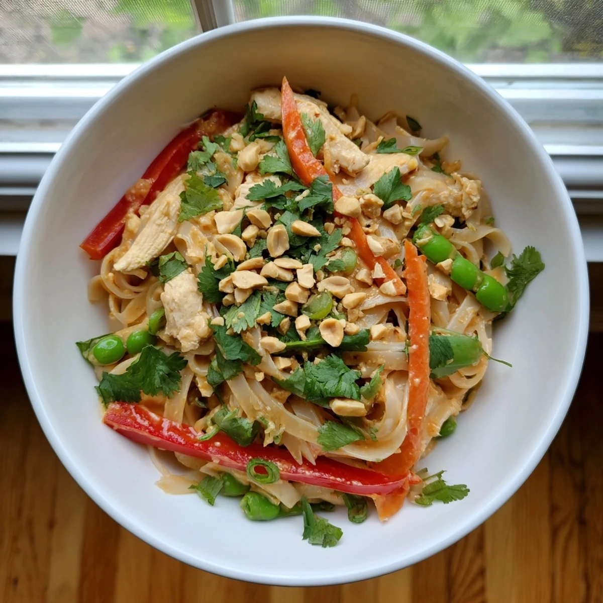 Steaming Thai peanut chicken noodle bowls featuring rice noodles coated in spicy peanut sauce