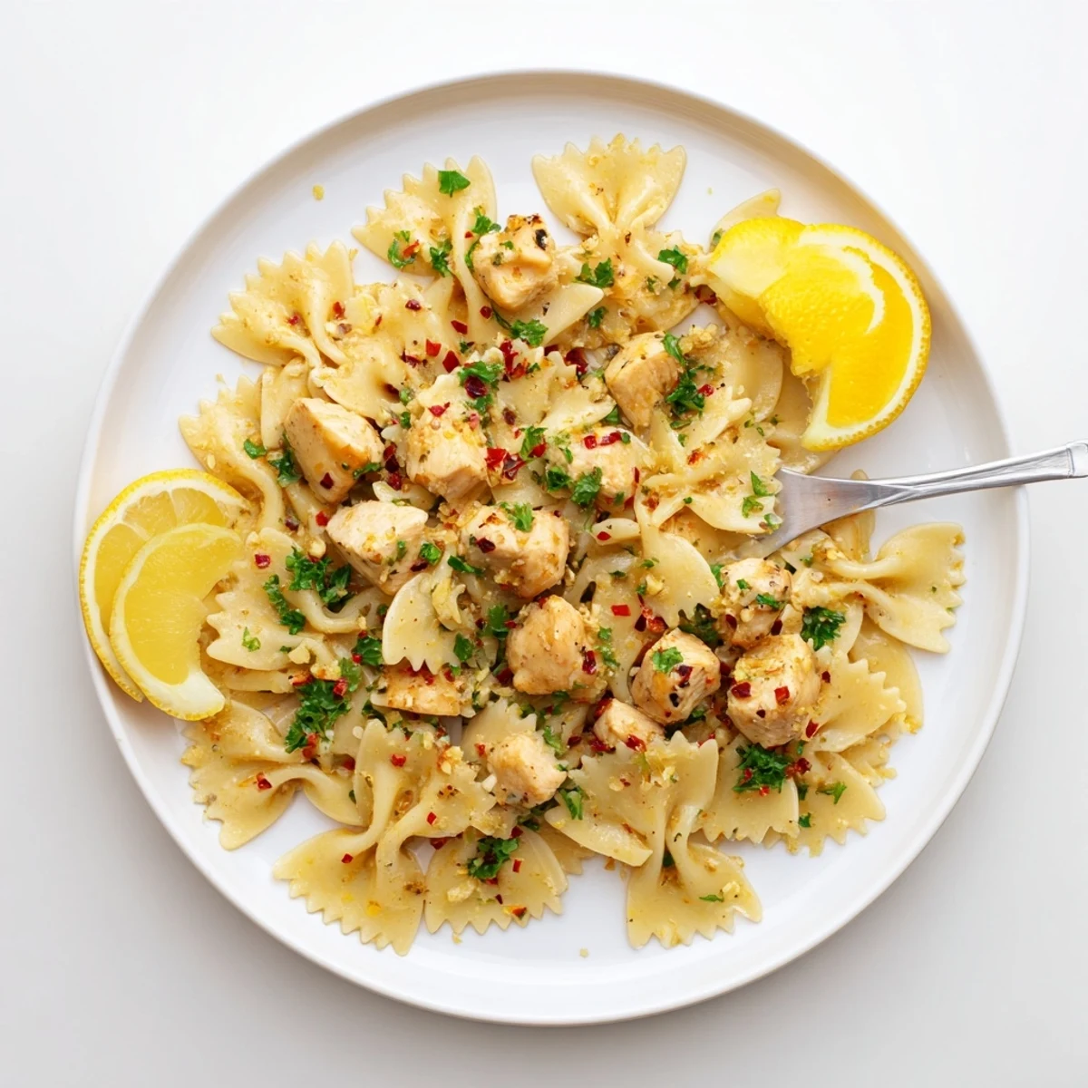 Golden brown chicken pieces and low-carb bowtie pasta coated in creamy lemon cowboy butter sauce with fresh herbs