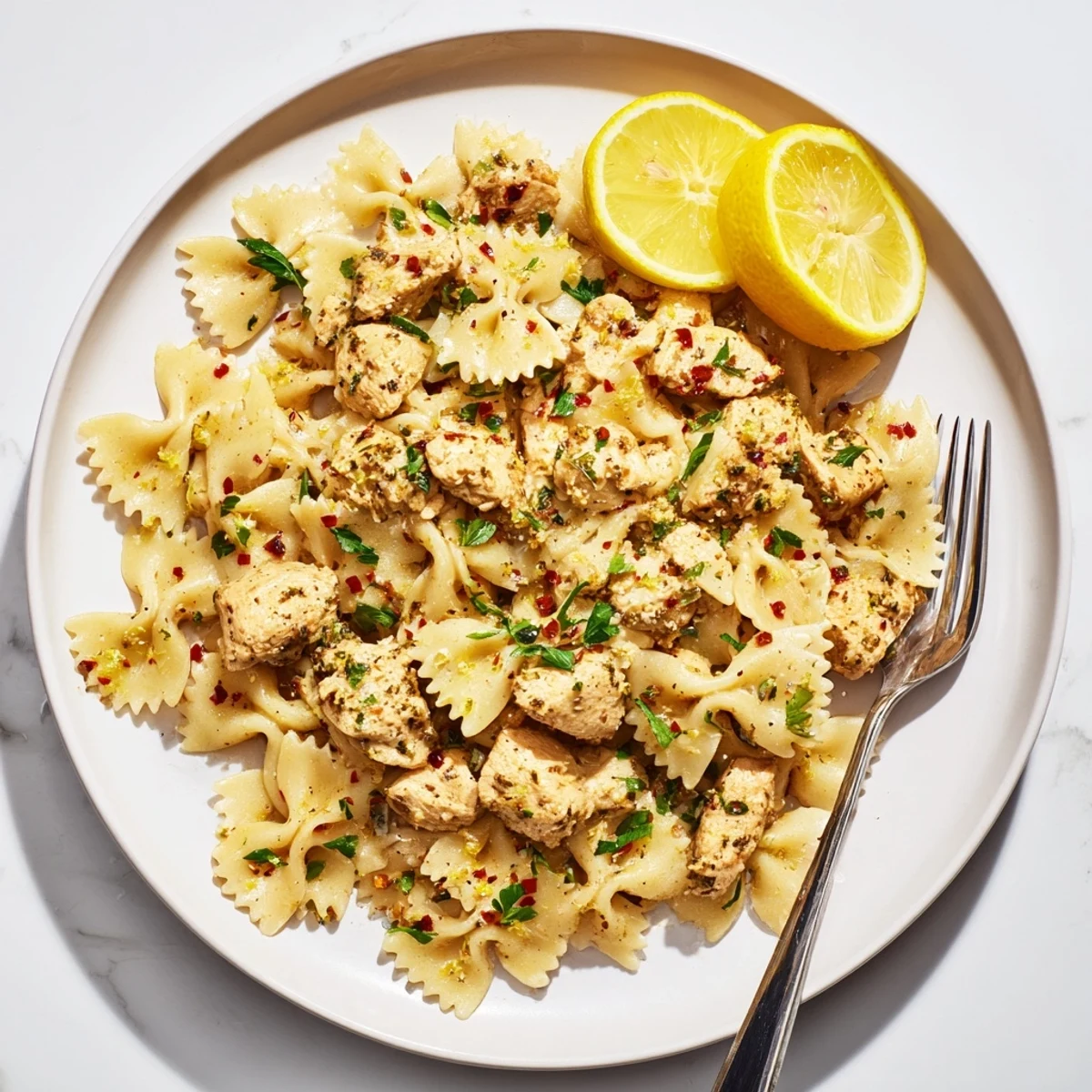 Sizzling skillet of low carb cowboy butter lemon bowtie chicken garnished with parsley and served with lemon wedges