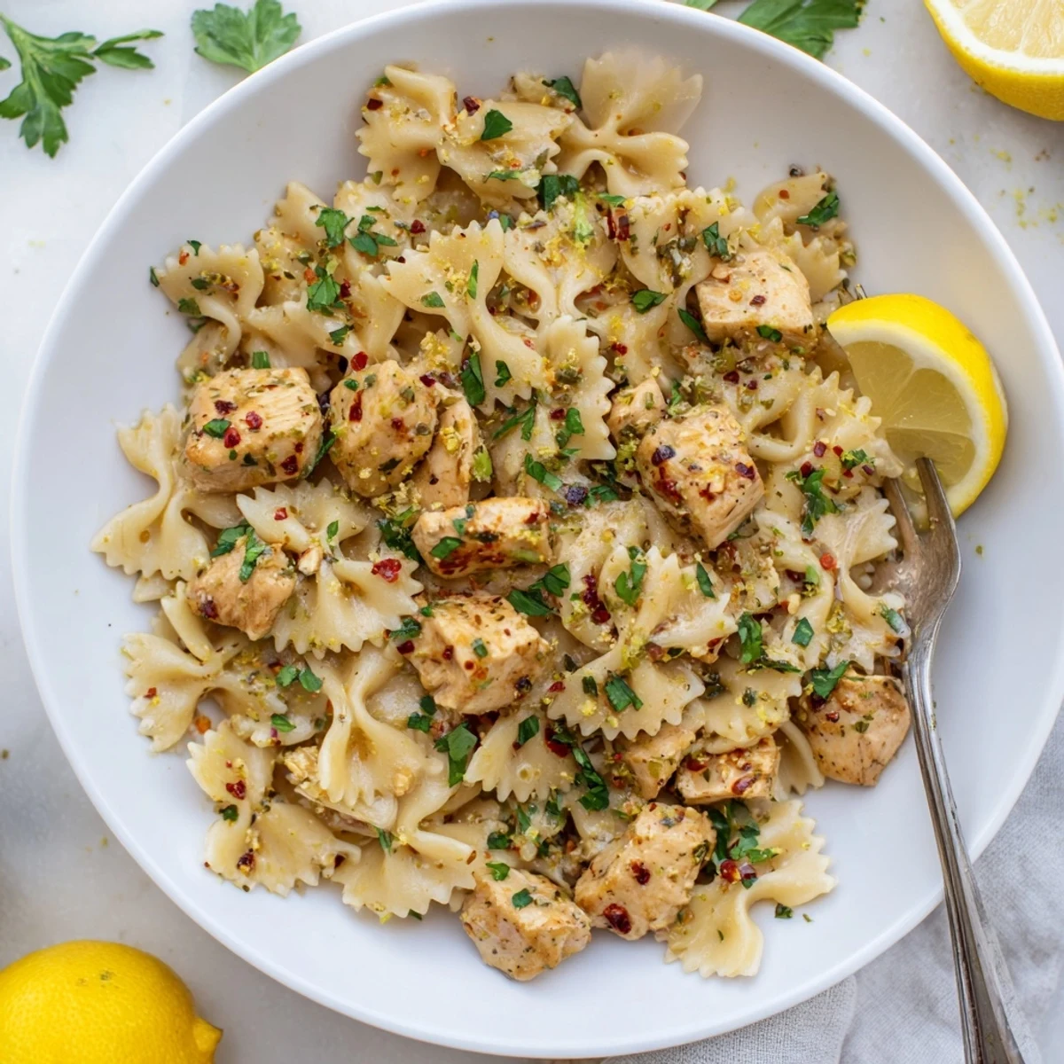 Tender chicken tossed with low-carb pasta in zesty garlic lemon butter sauce with red pepper flakes and herbs