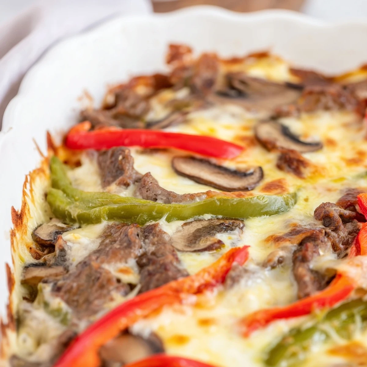 Savory low carb Philly cheesesteak casserole with seasoned beef strips, bell peppers, and creamy cheese layer baked to golden perfection