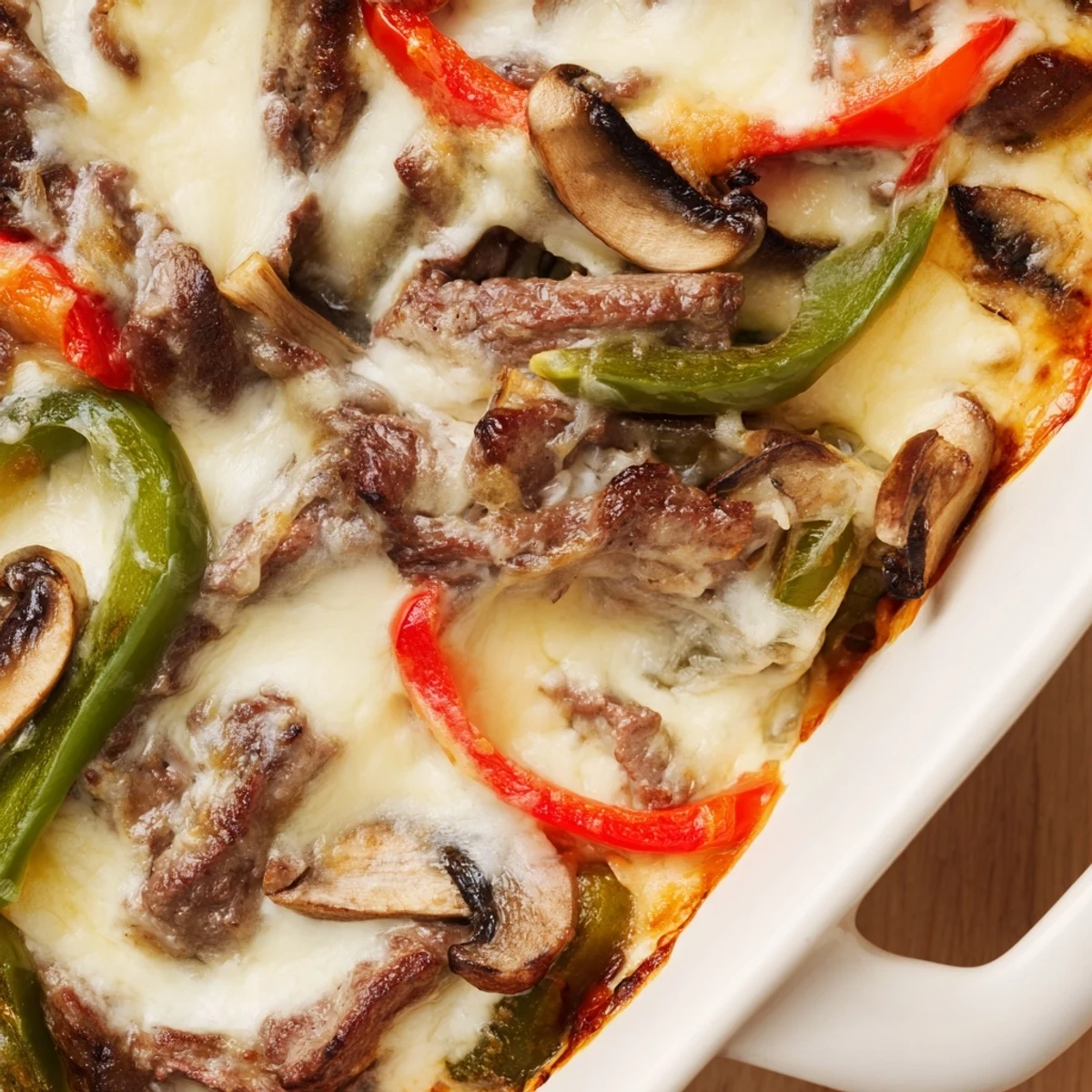 Golden melted provolone and mozzarella cover this low carb Philly cheesesteak casserole with tender beef and colorful peppers