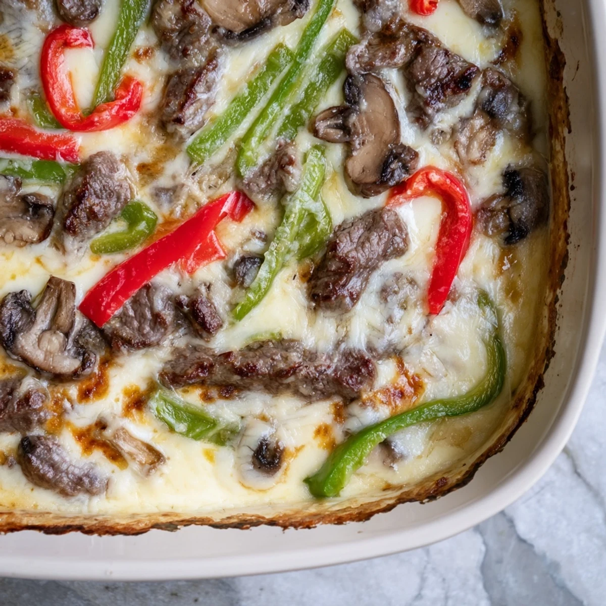 Baked low carb Philly cheesesteak casserole featuring sautéed onions, mushrooms, and sliced beef under bubbly cheese topping