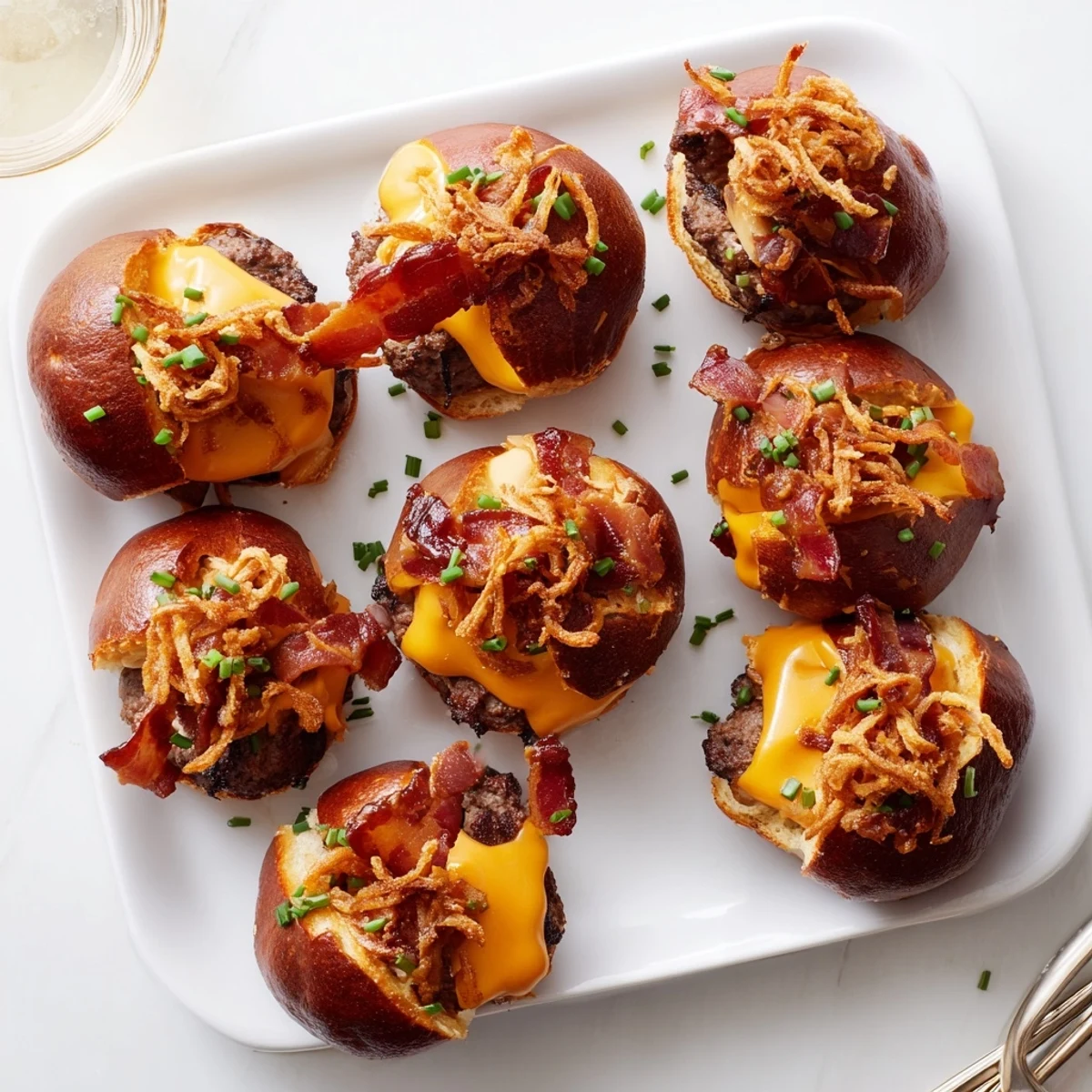 Juicy Pretzel Cowboy Sliders stacked with melted cheddar, crispy bacon, and golden fried onions on toasted pretzel buns