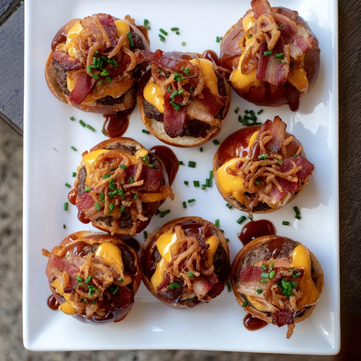 Mini Pretzel Cowboy Sliders drizzled with tangy barbecue sauce and topped with jalapeño slices on a rustic wooden board