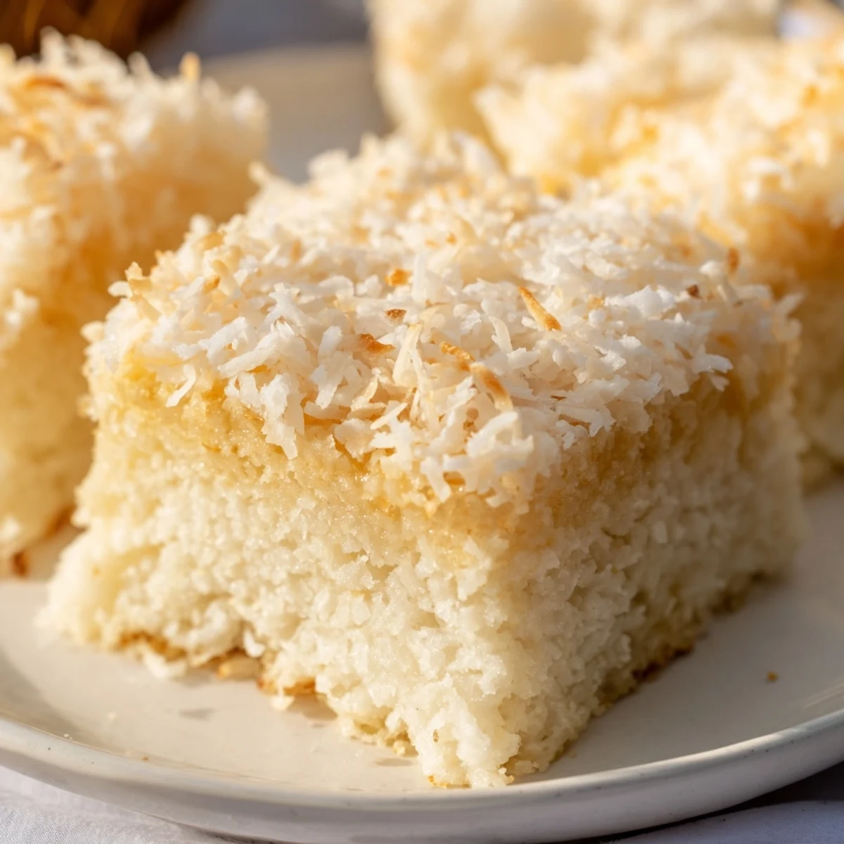Golden brown coconut mochi cake topped with toasted shredded coconut, sliced into squares on a white plate
