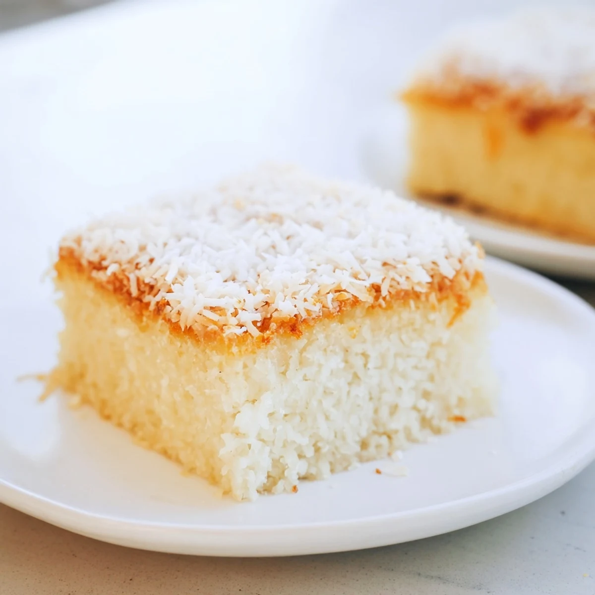 Freshly baked coconut mochi cake bars with crispy shredded coconut topping, perfect for dessert or tea time