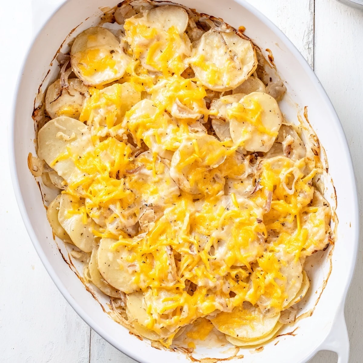 Golden cheesy scalloped potatoes in a white baking dish with bubbling cheddar cheese topping