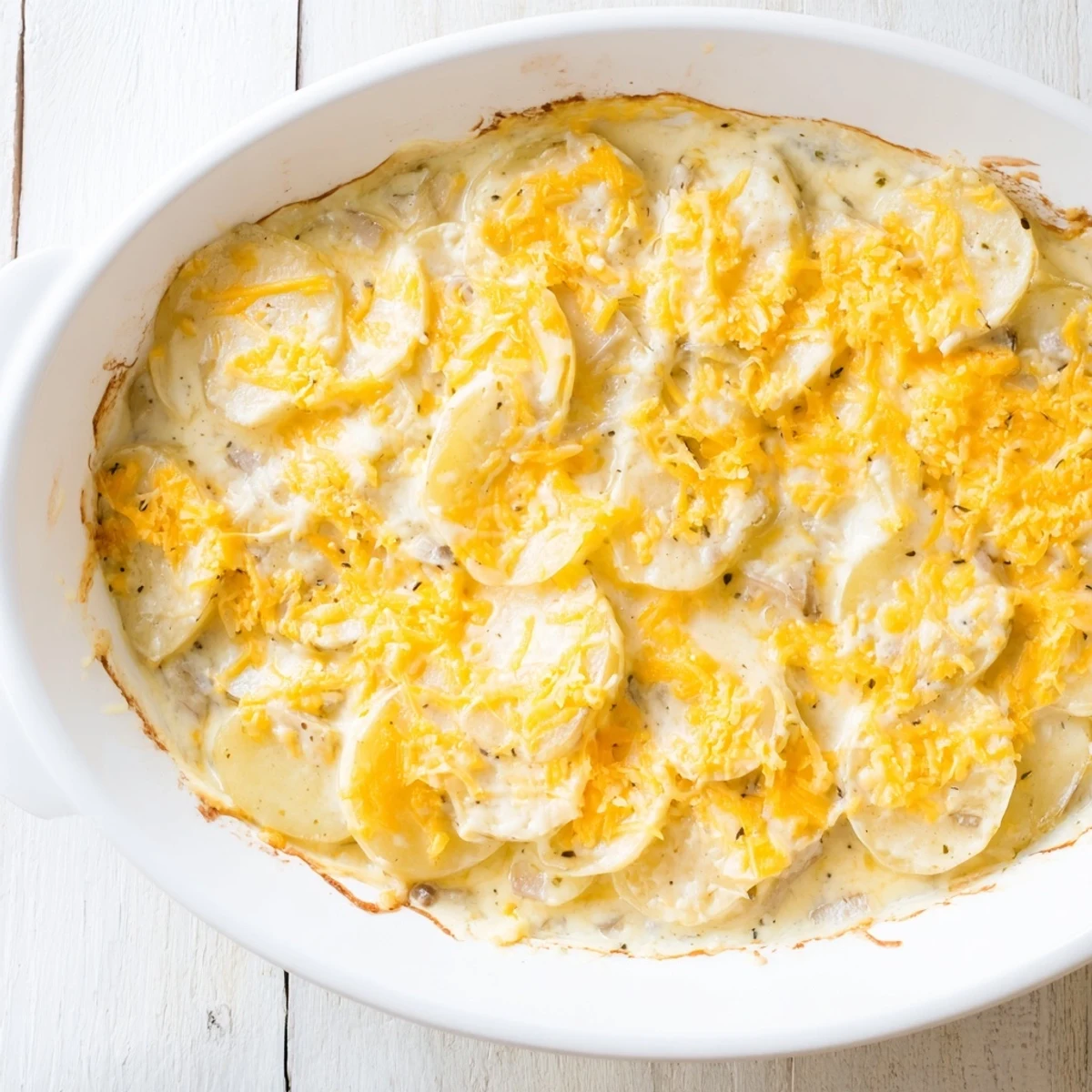 Homemade scalloped potatoes with tender potato slices swimming in a melted cheddar and cream sauce