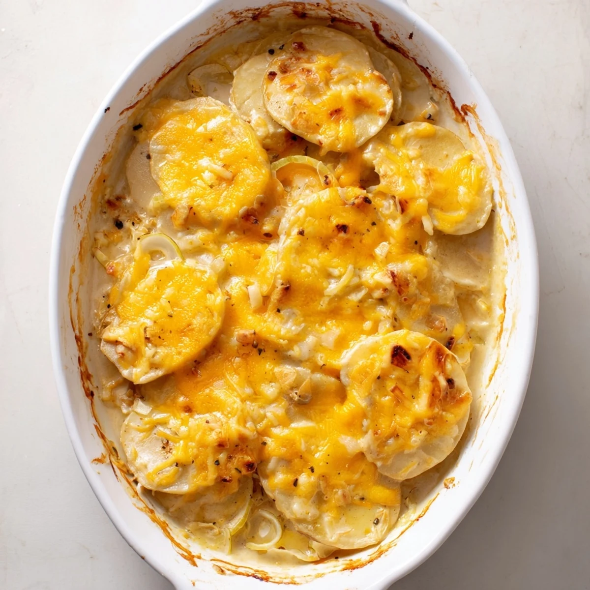 Creamy scalloped potatoes layered in a rich cheese sauce baked until perfectly golden brown