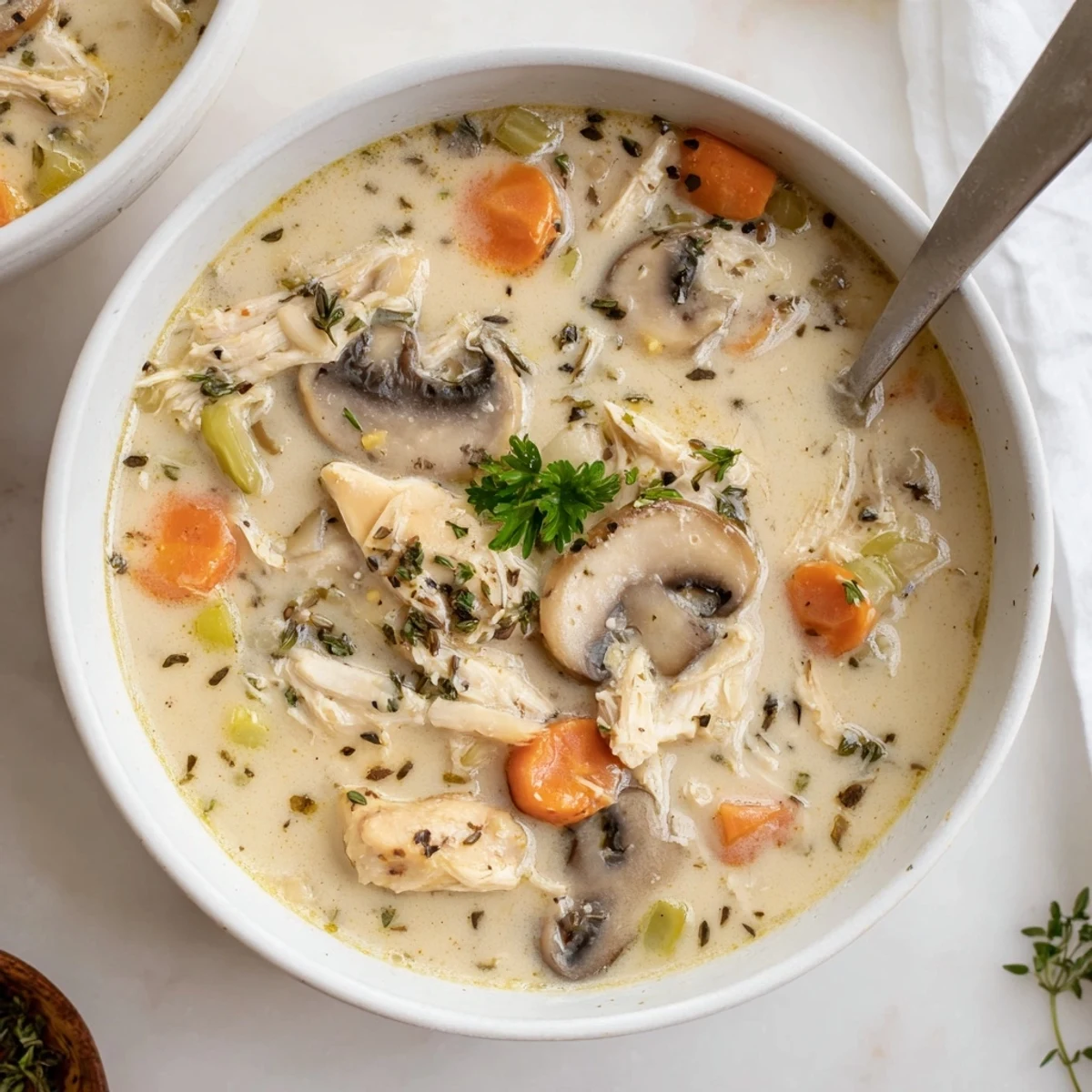 Creamy rotisserie chicken mushroom soup topped with fresh parsley in a white bowl