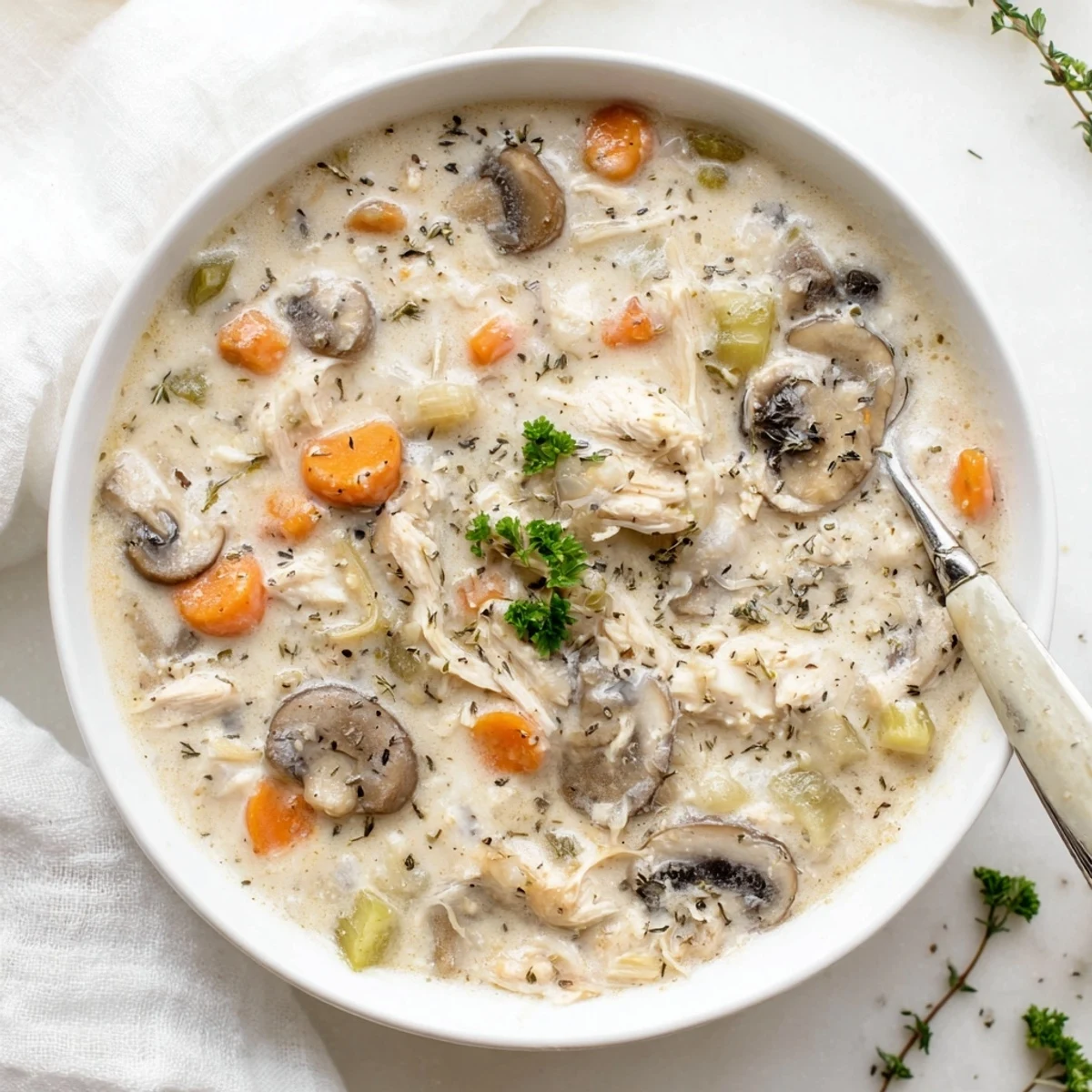 Steam rising from velvety rotisserie chicken mushroom soup served with crusty bread