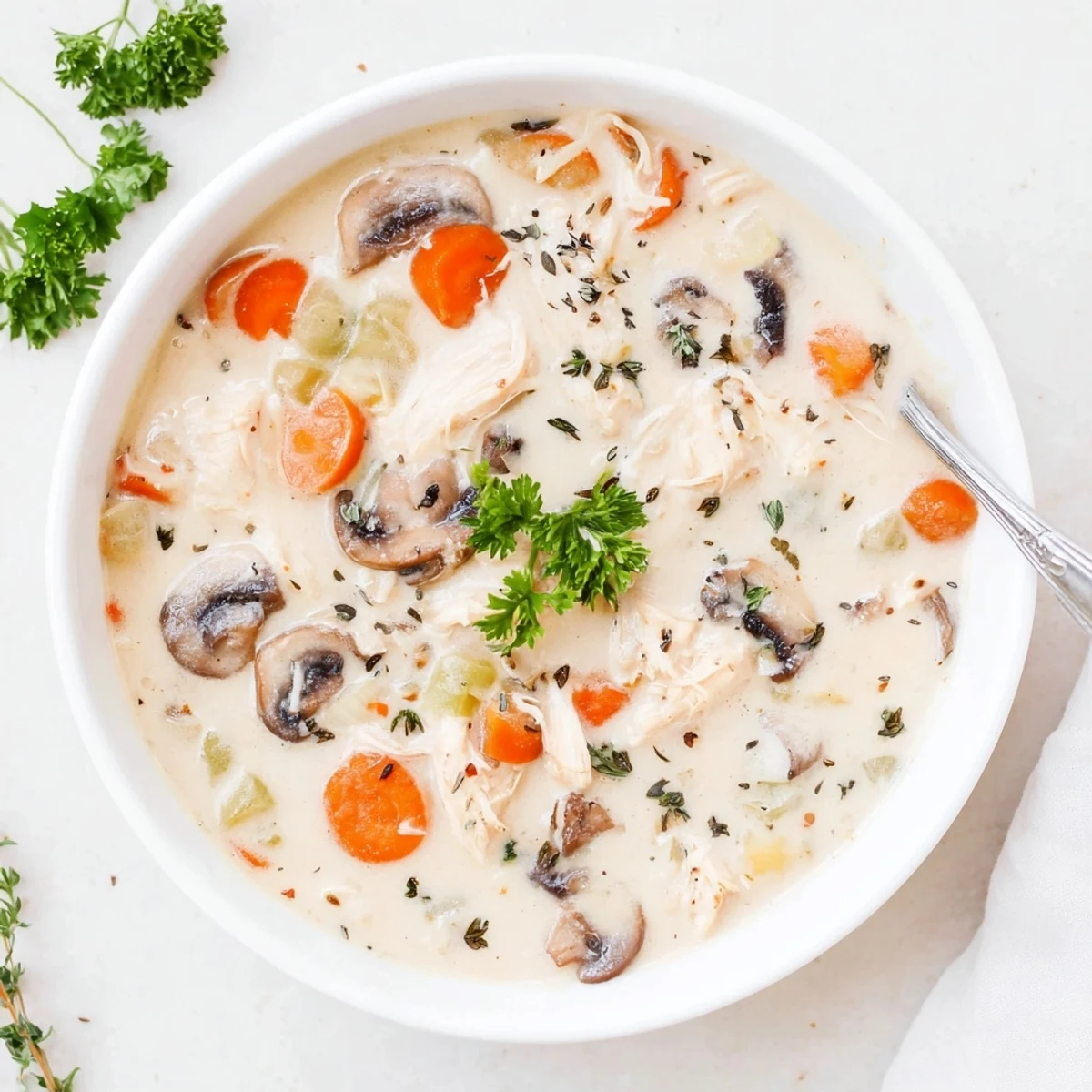 Savory bowl of creamy rotisserie chicken mushroom soup garnished with chopped herbs